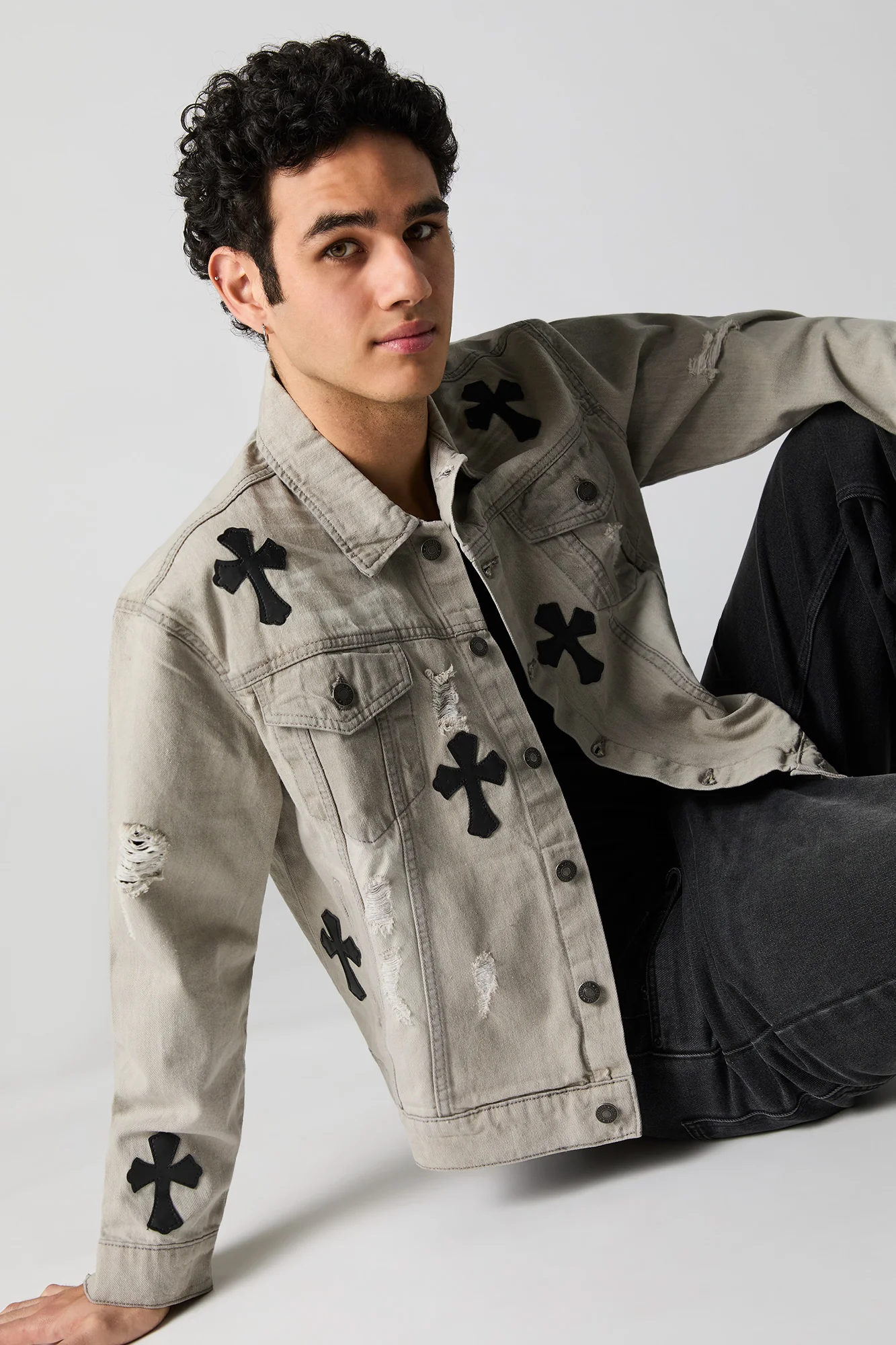 Blouson de camionneur en denim à effet d'usure et similicuir