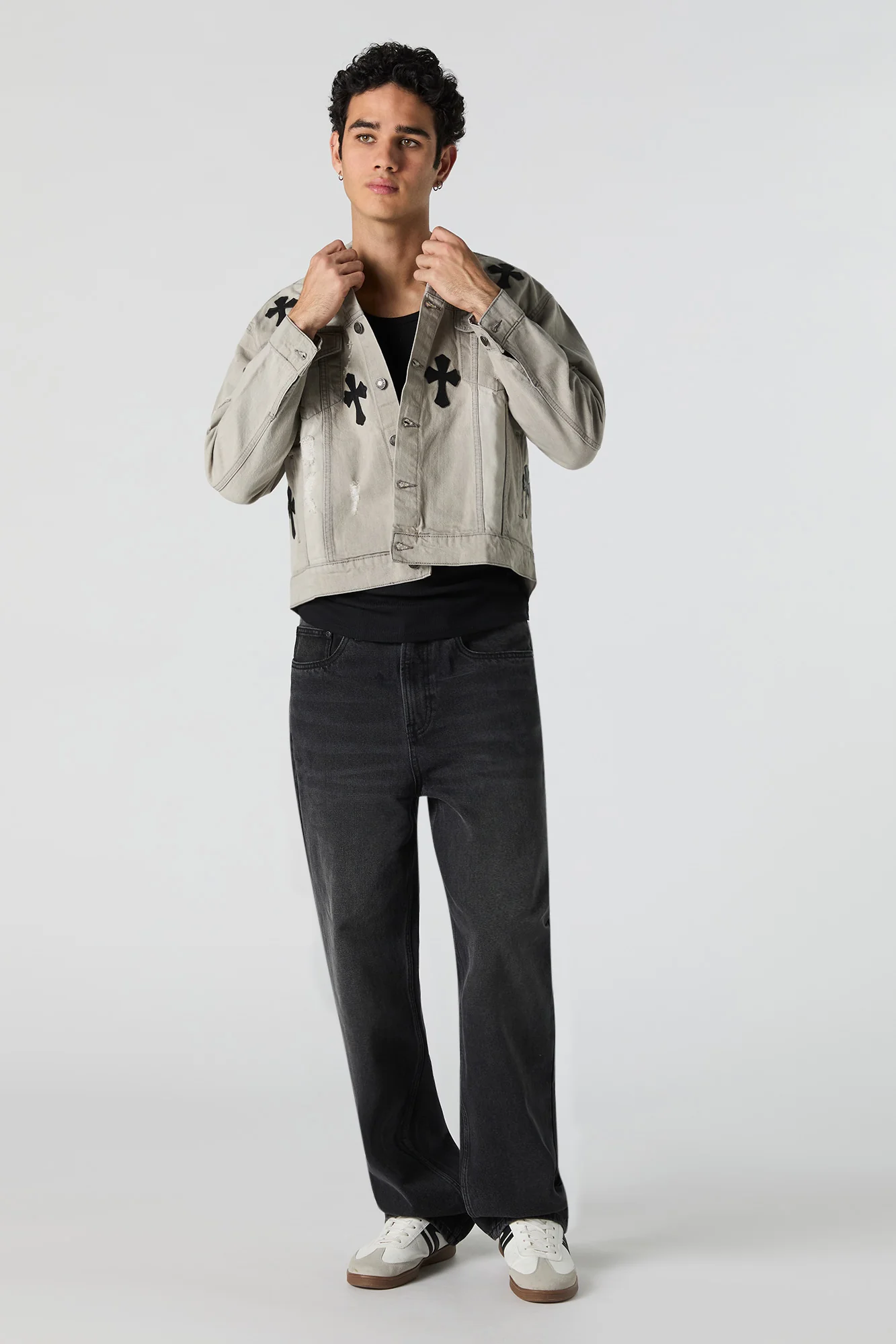 Blouson de camionneur en denim à effet d'usure et similicuir - Image 3