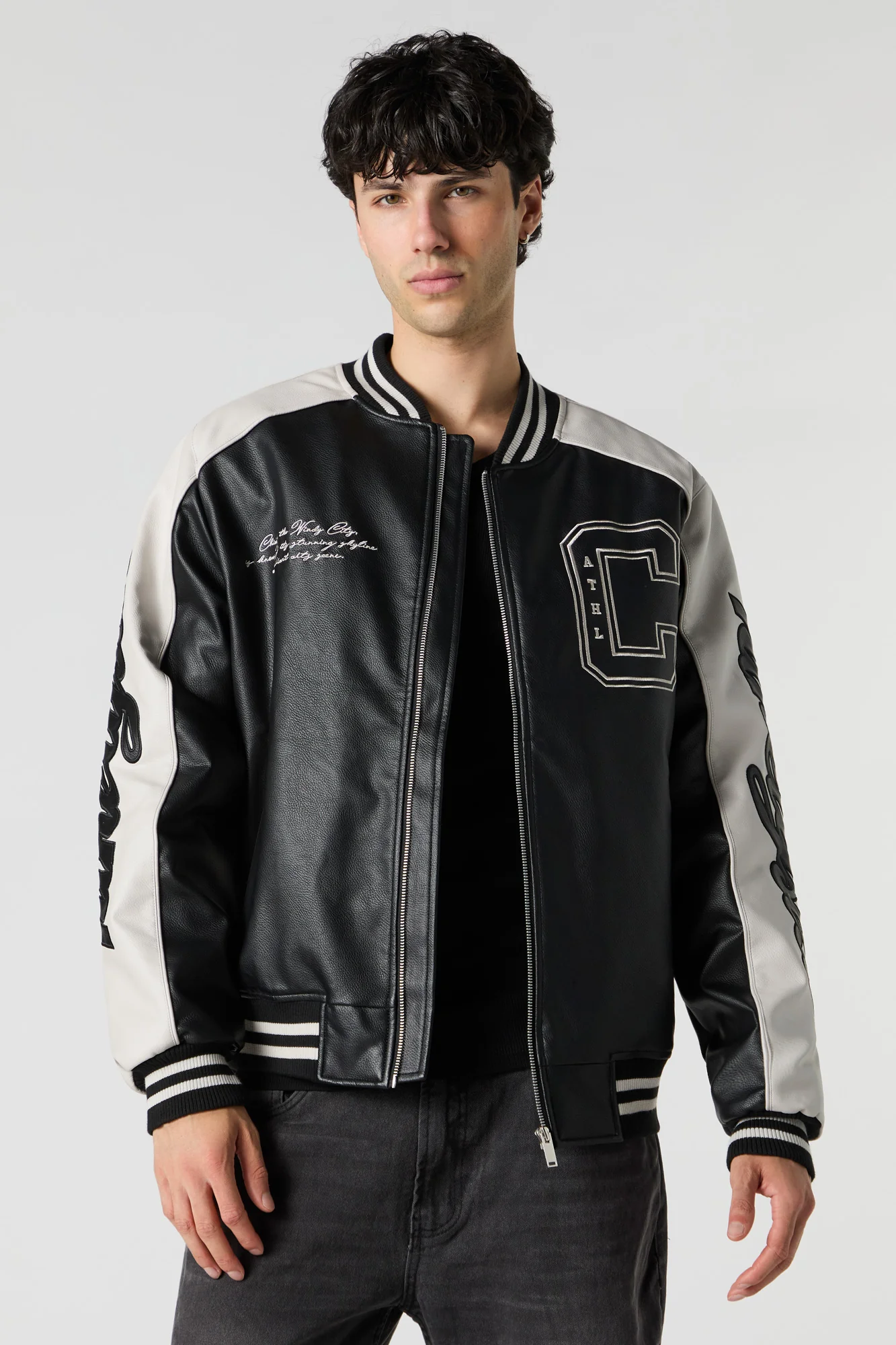 Faux-Leather Twill Embroidered Varsity Jacket