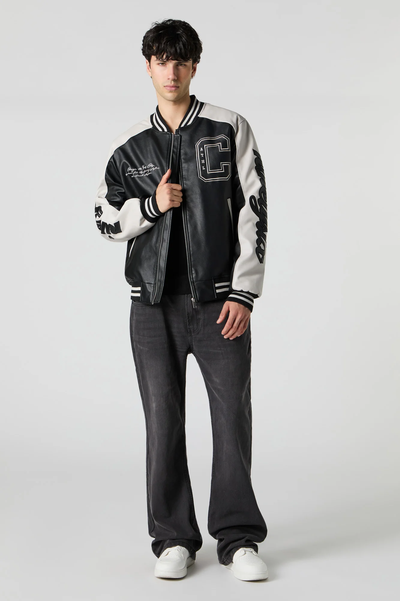 Faux-Leather Twill Embroidered Varsity Jacket - Image 3