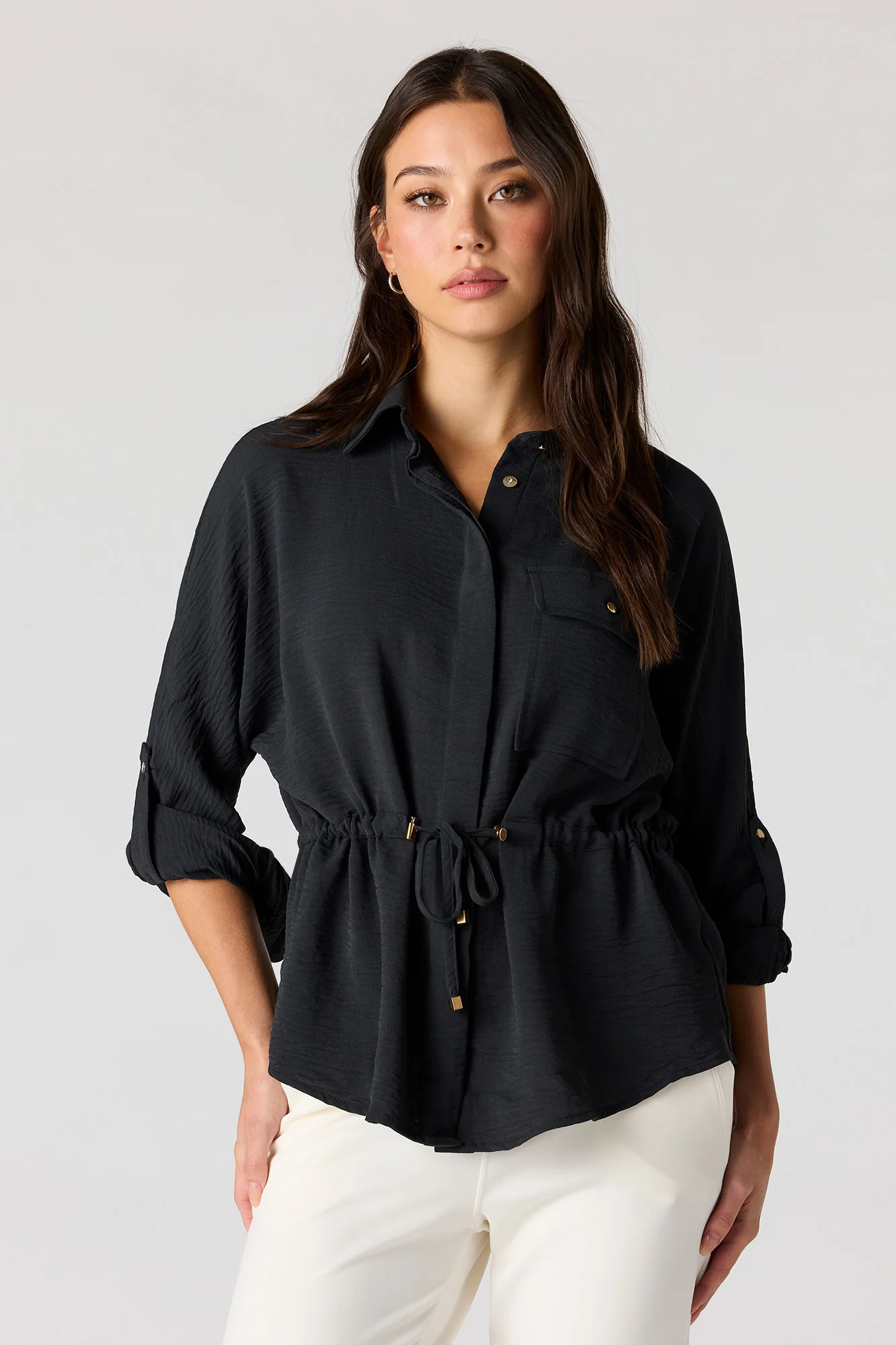 Drawstring Waist Button-Up Top - Image 4