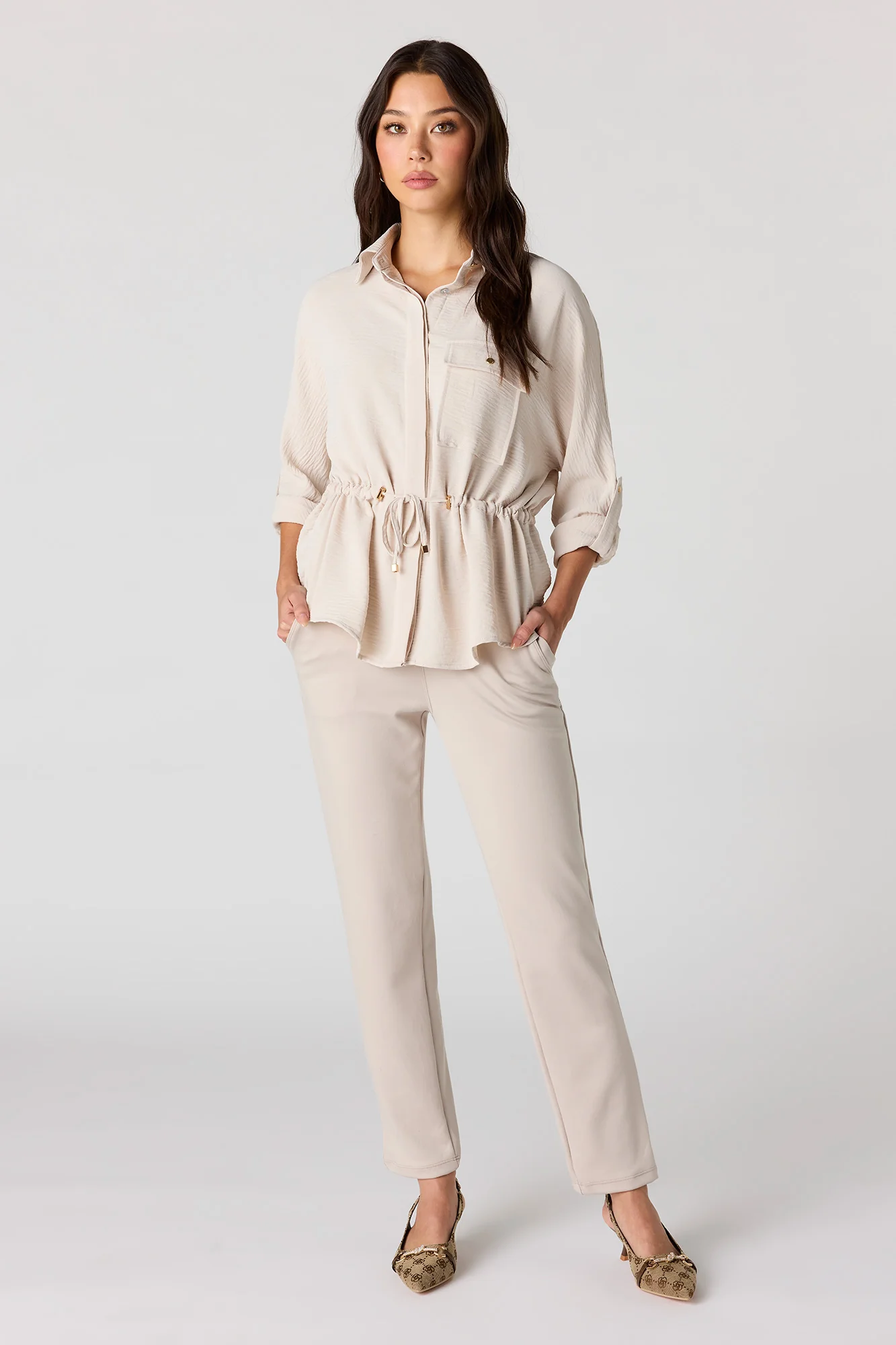 Drawstring Waist Button-Up Top - Image 9