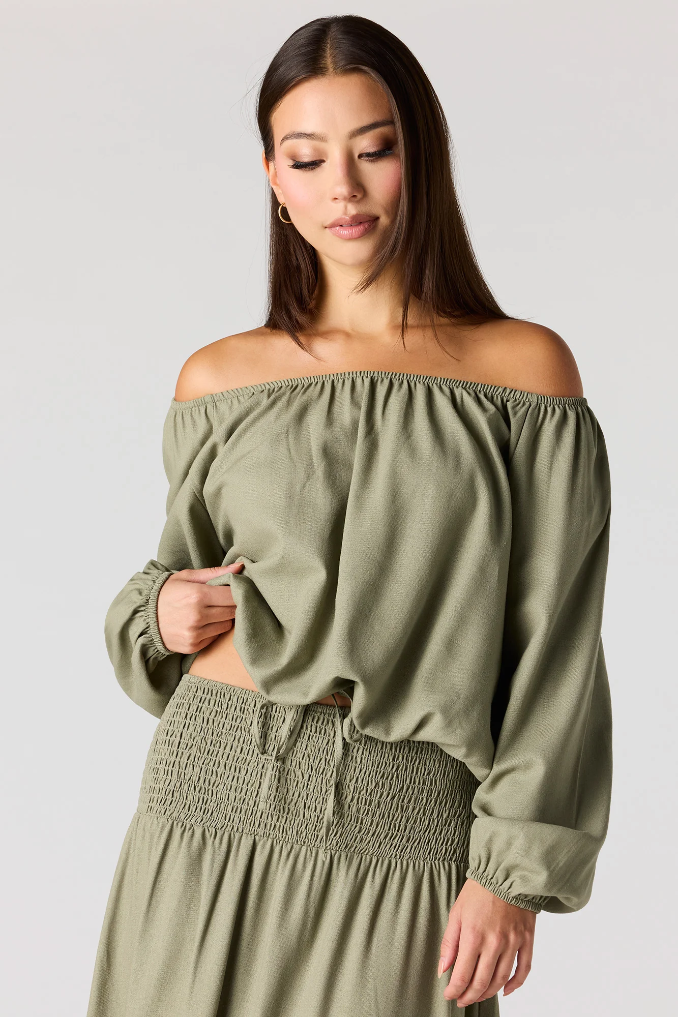 Linen-Blend Off Shoulder Blouse