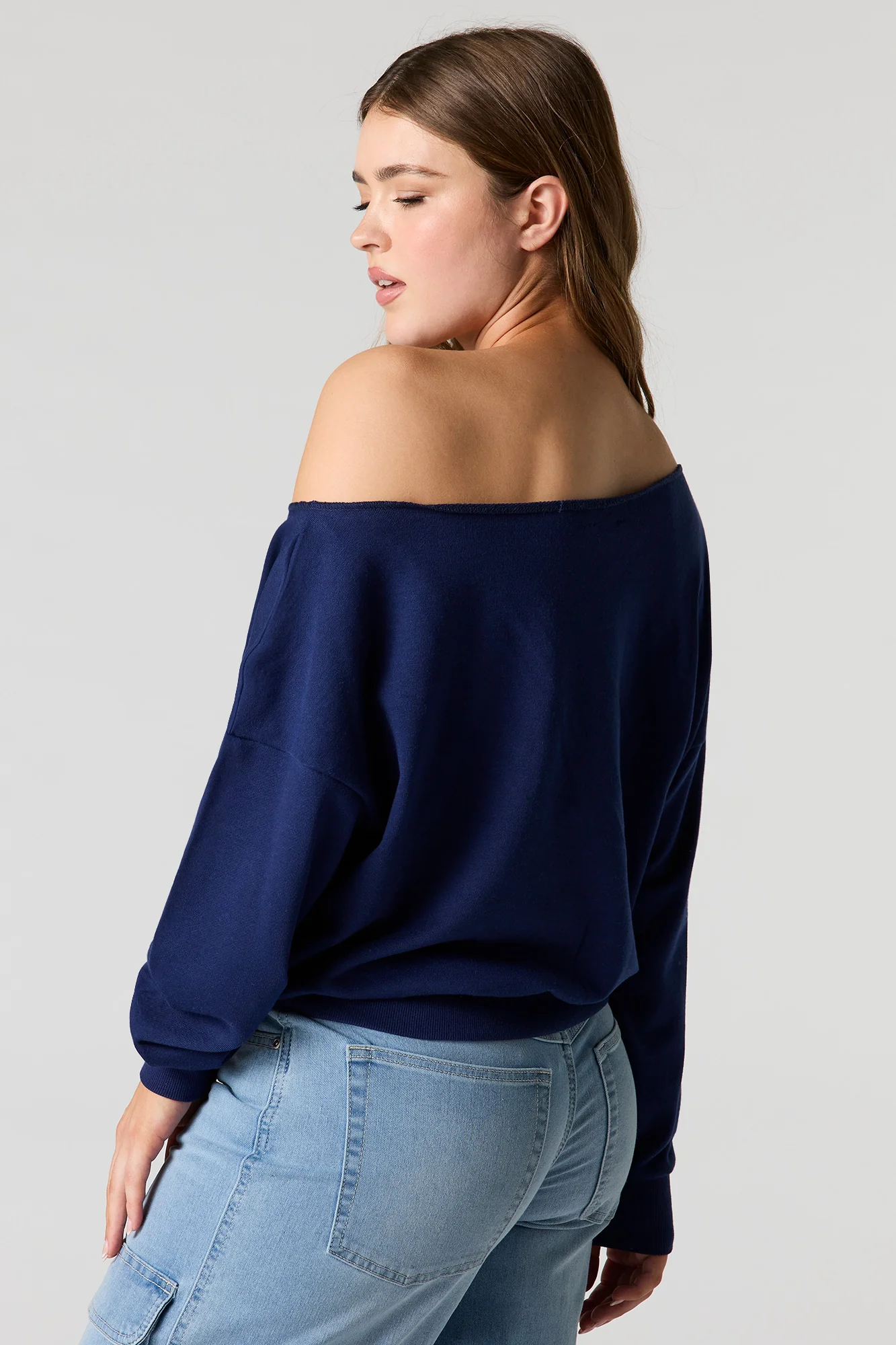Embroidered Off Shoulder Fleece Sweater - Image 2