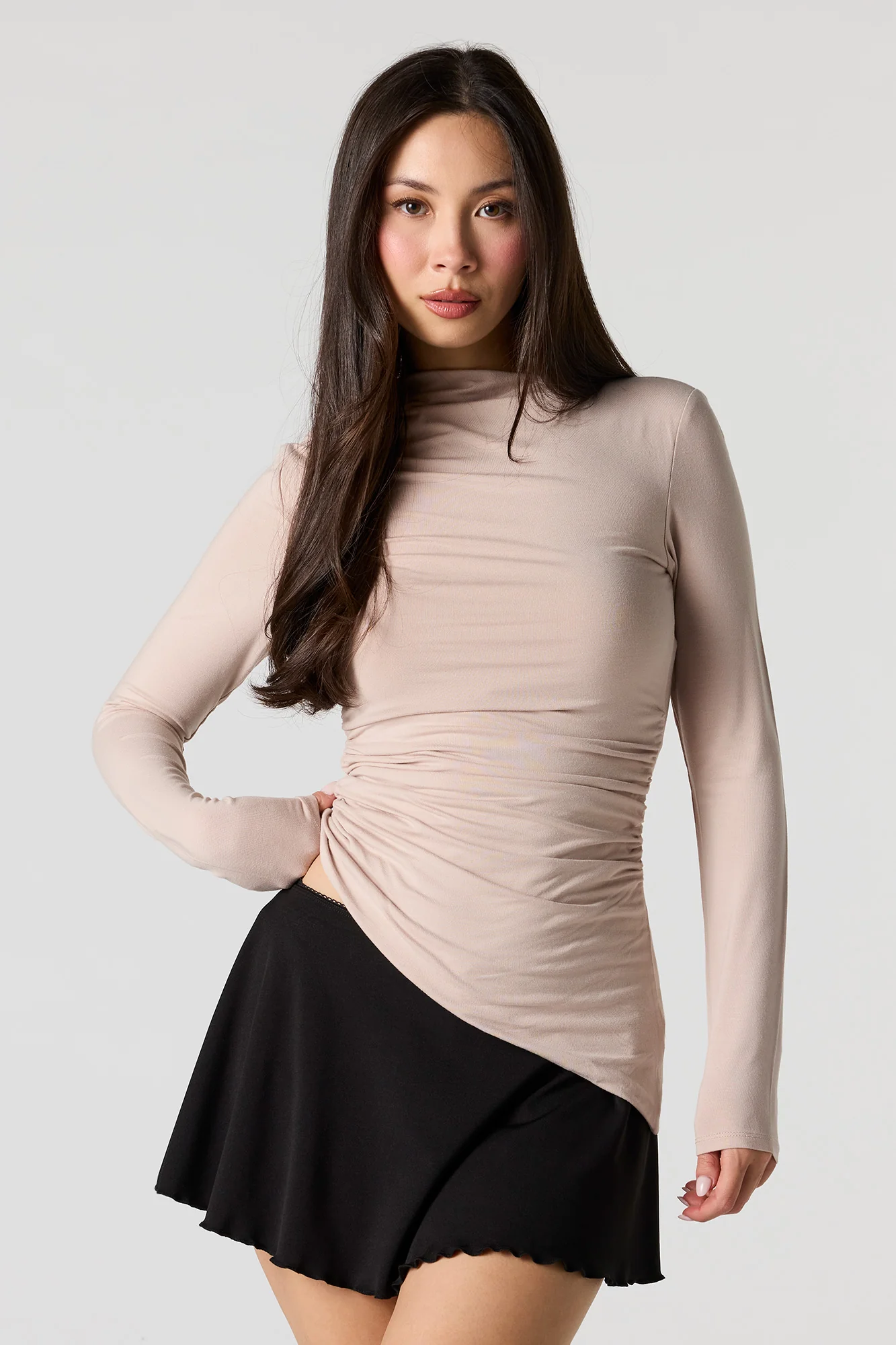 Asymmetrical Ruched Boat Neck Long Sleeve Top