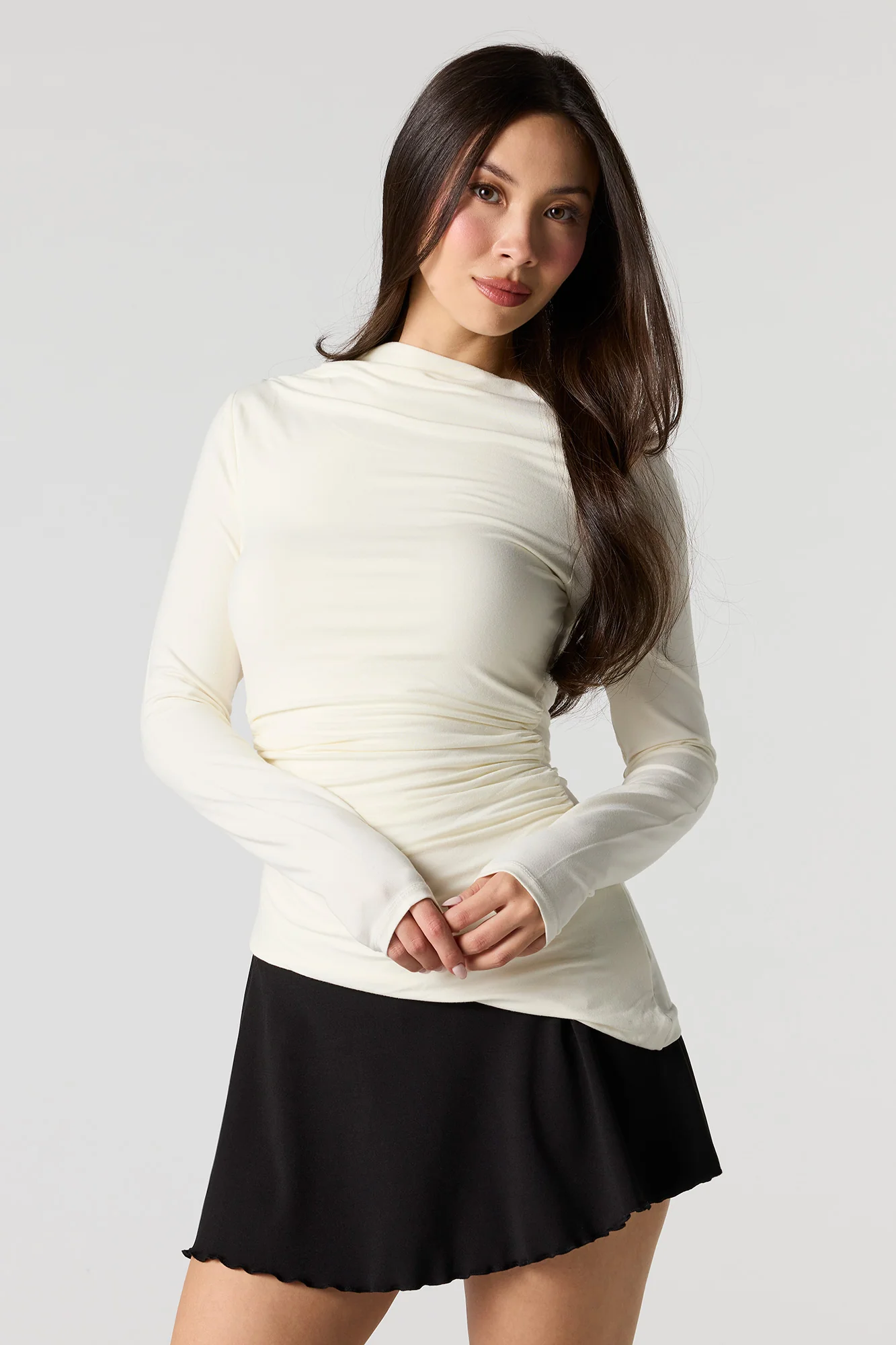 Asymmetrical Ruched Boat Neck Long Sleeve Top - Image 10