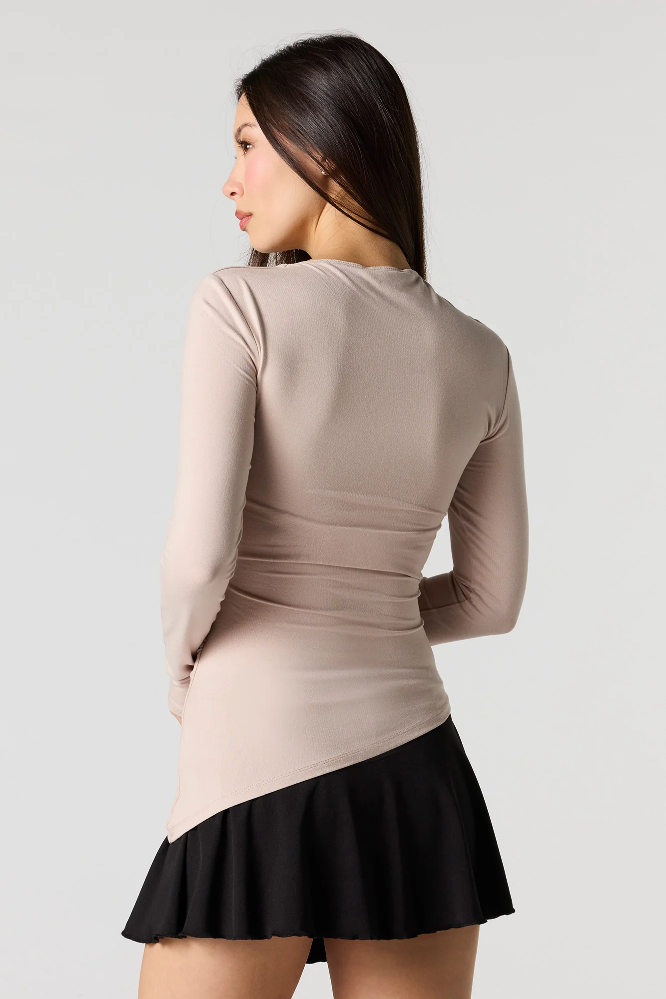 Asymmetrical Ruched Boat Neck Long Sleeve Top - Image 2