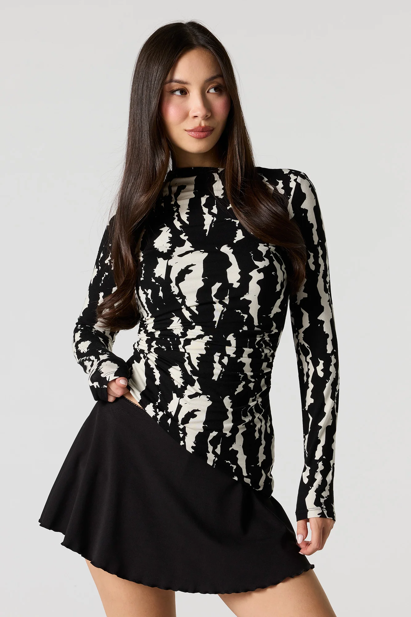 Asymmetrical Ruched Boat Neck Long Sleeve Top - Image 4