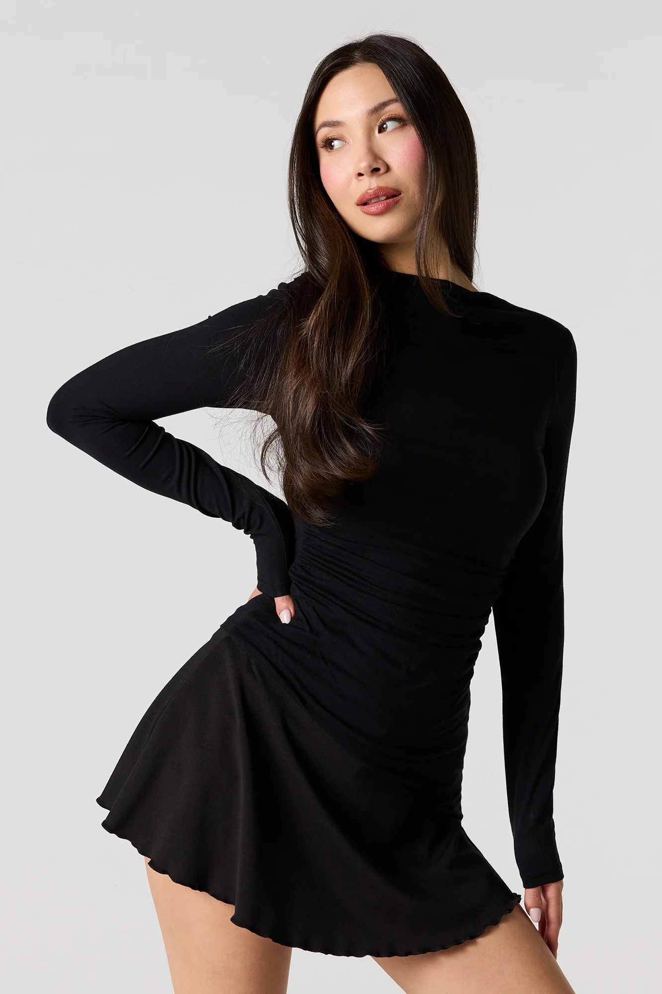 Asymmetrical Ruched Boat Neck Long Sleeve Top - Image 7