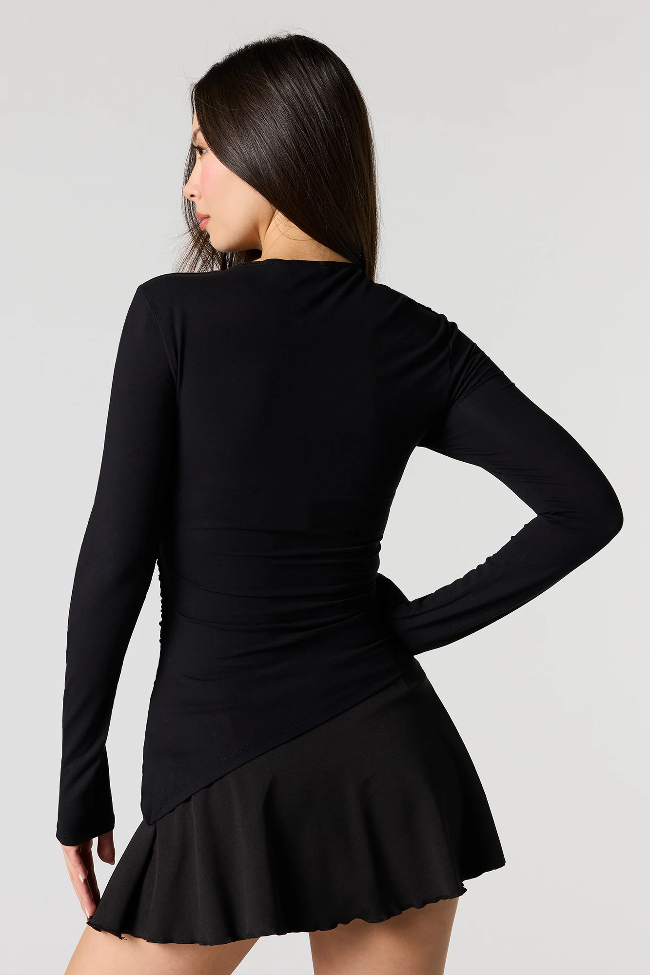 Asymmetrical Ruched Boat Neck Long Sleeve Top - Image 8