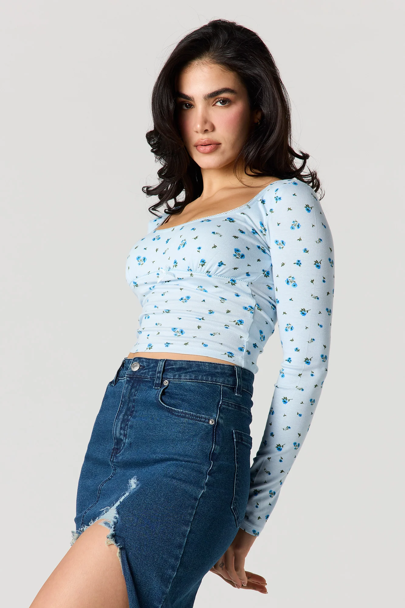 Lace Trim Bow Long Sleeve Top