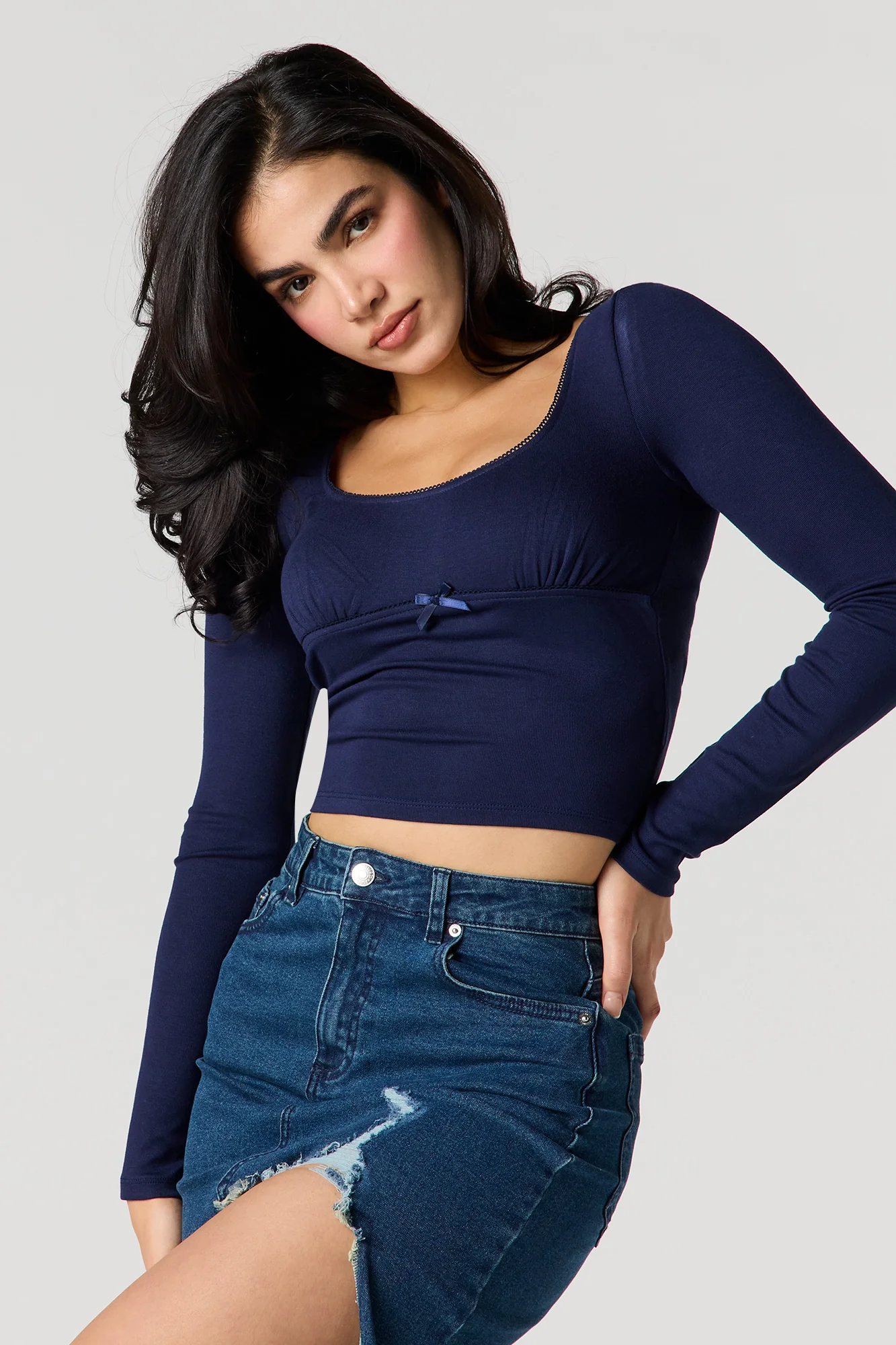 Lace Trim Bow Long Sleeve Top - Image 10