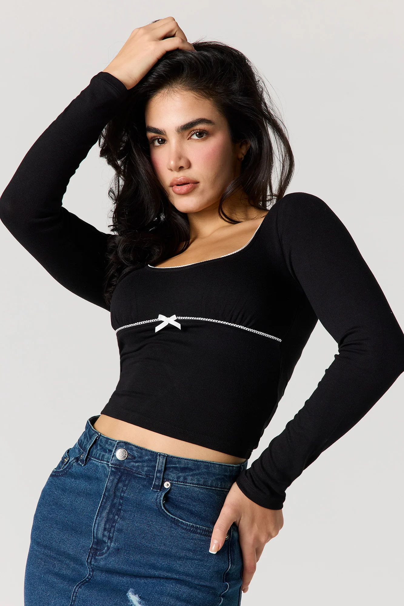 Lace Trim Bow Long Sleeve Top - Image 4