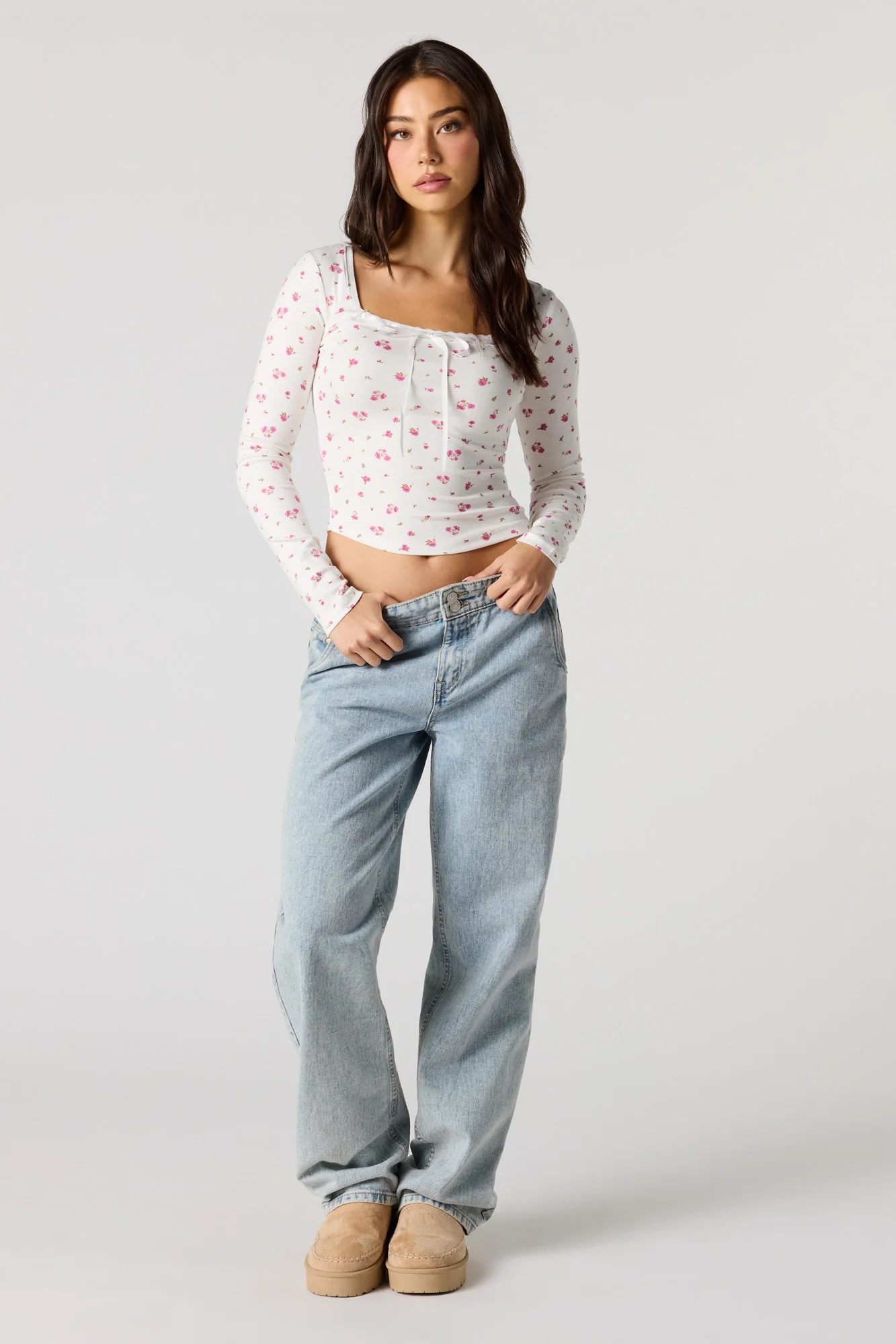 Ribbed Ribbon Bow Long Sleeve Top - Image 3