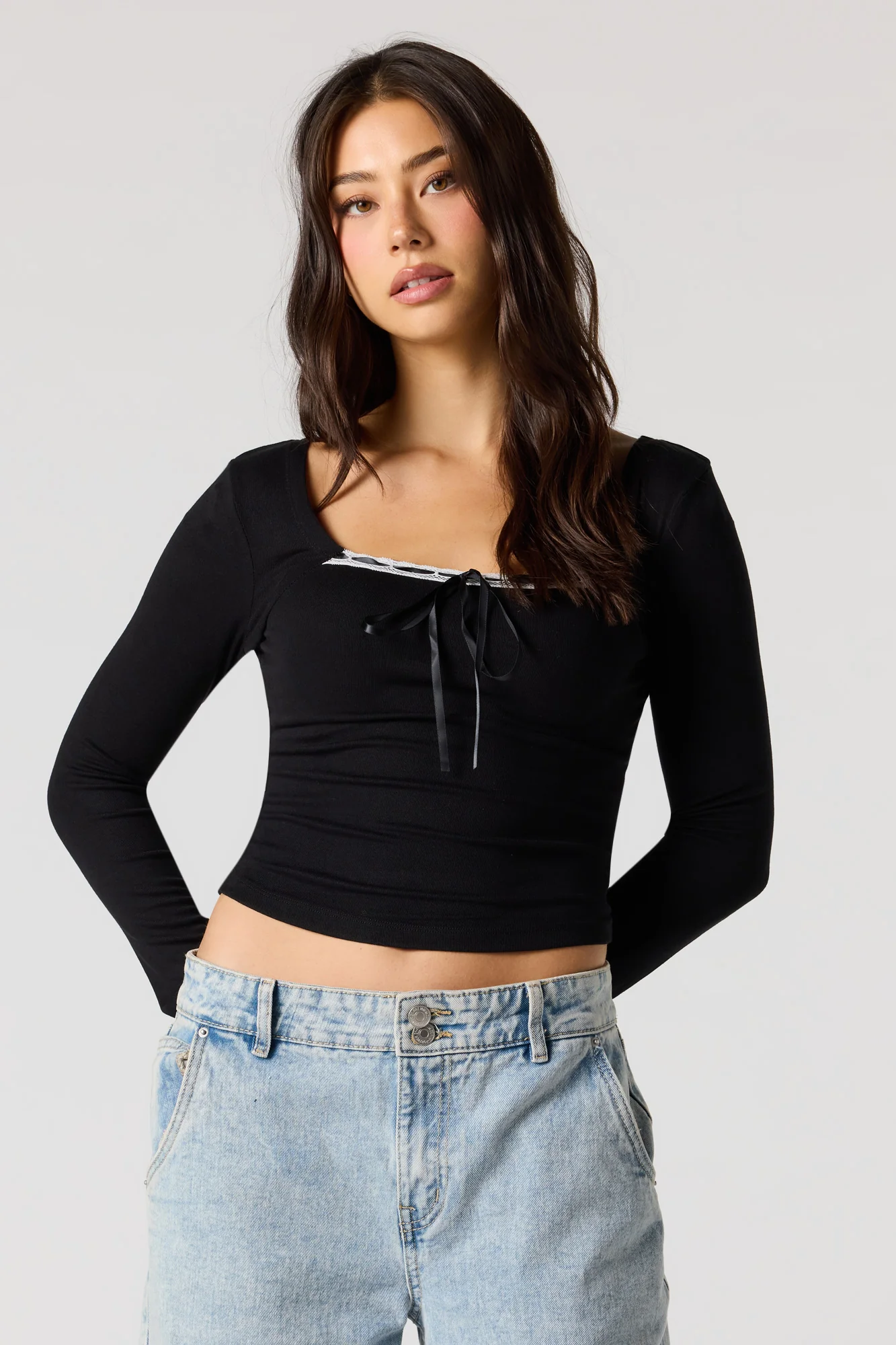 Ribbed Ribbon Bow Long Sleeve Top - Image 4