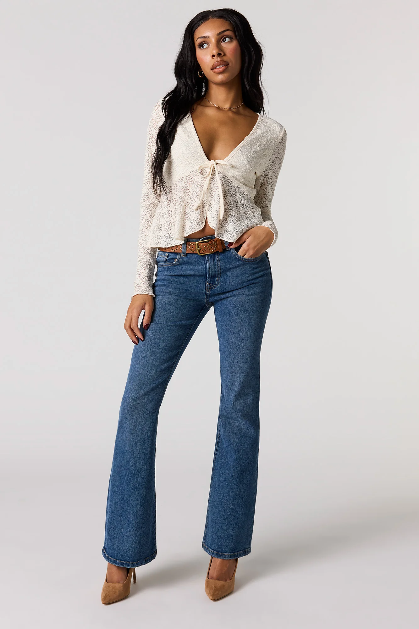 Lace Self-Tie Long Sleeve Flyaway Top - Image 6