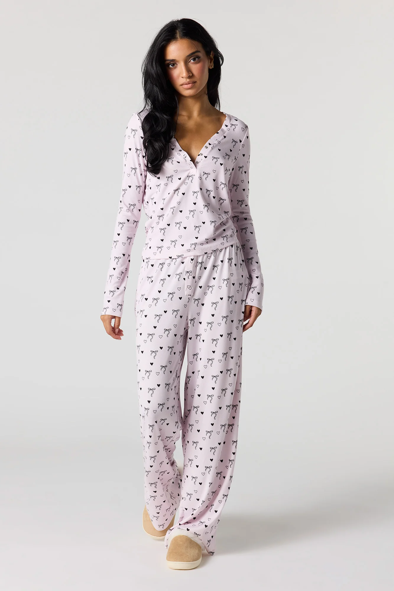 Printed Long Sleeve Ribbed Pajama Set - Image 5