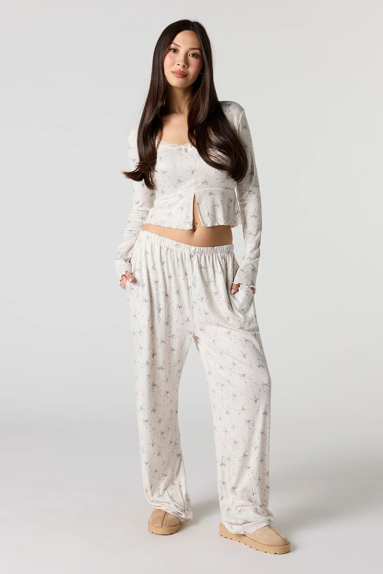 Ribbed Printed Long Sleeve Top & Pant Pajama Set - Image 9