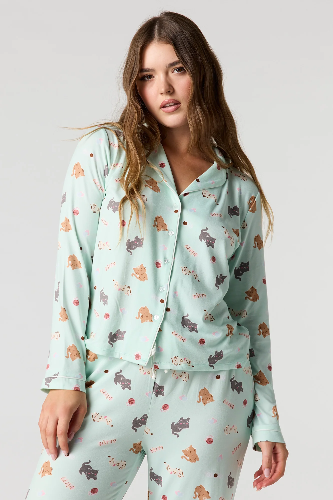 Printed Button-Up Shirt & Pant Pajama Set - Image 14