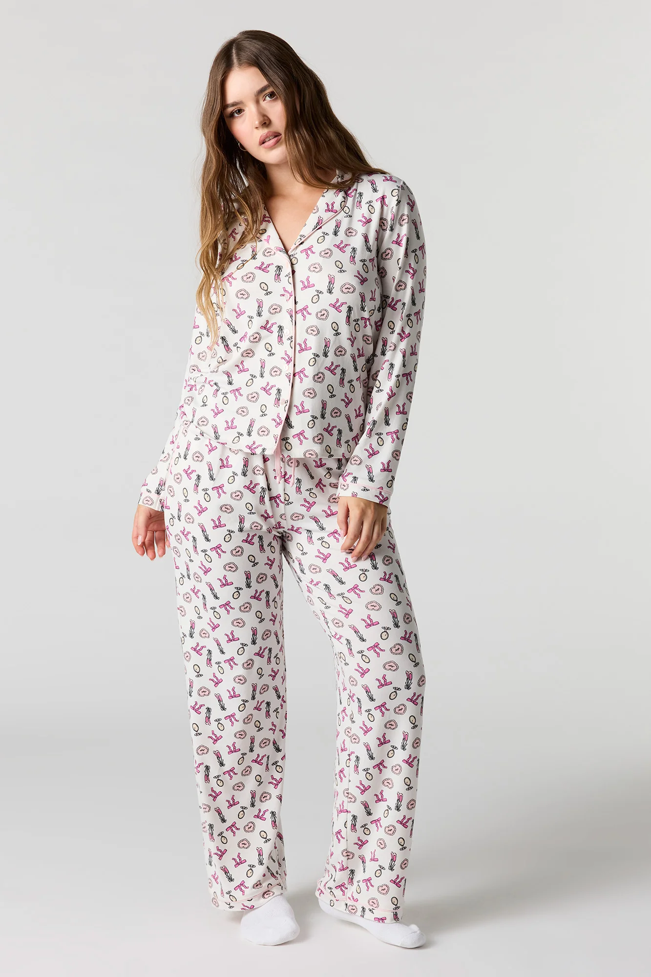 Printed Button-Up Shirt & Pant Pajama Set - Image 25