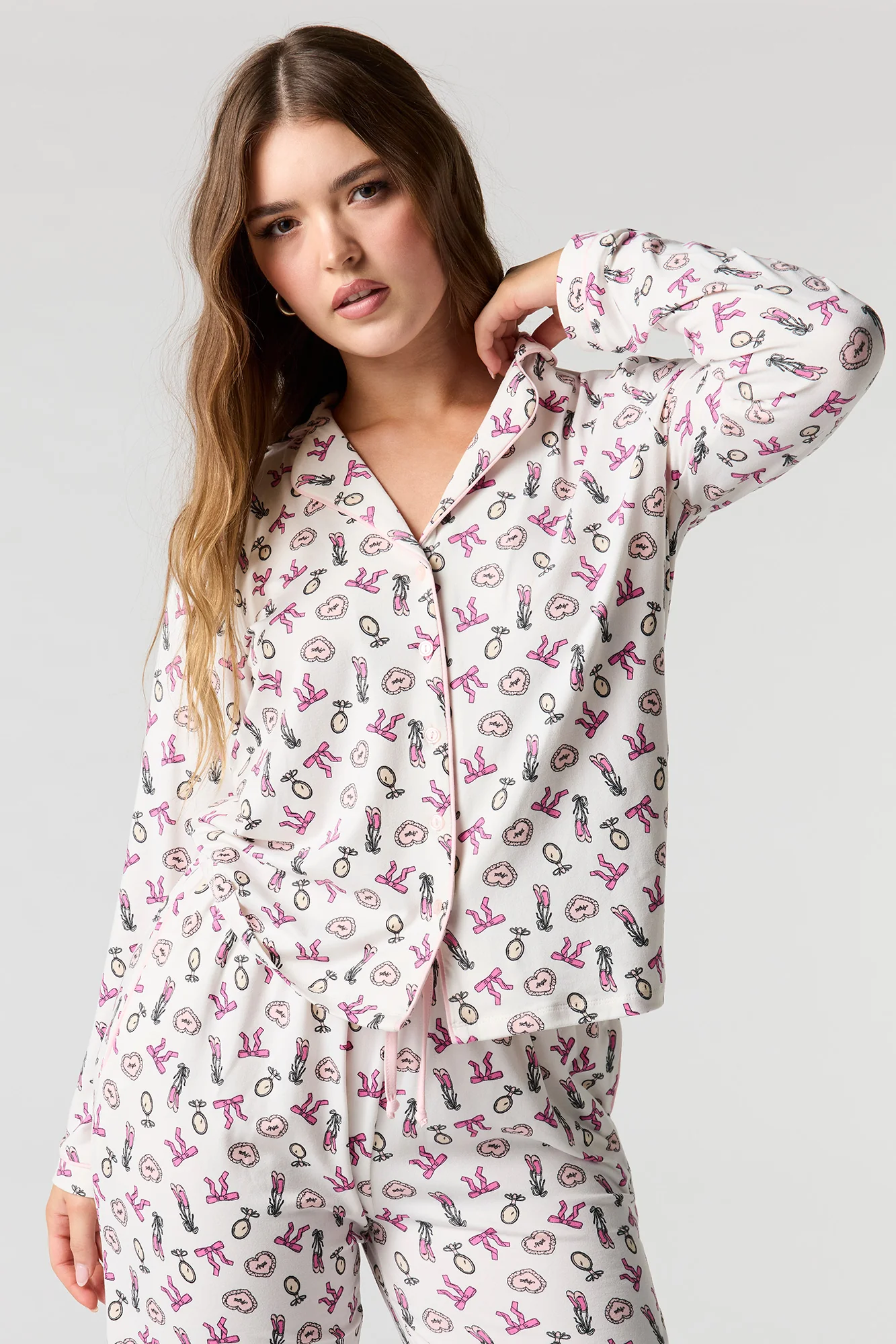 Printed Button-Up Shirt & Pant Pajama Set - Image 26