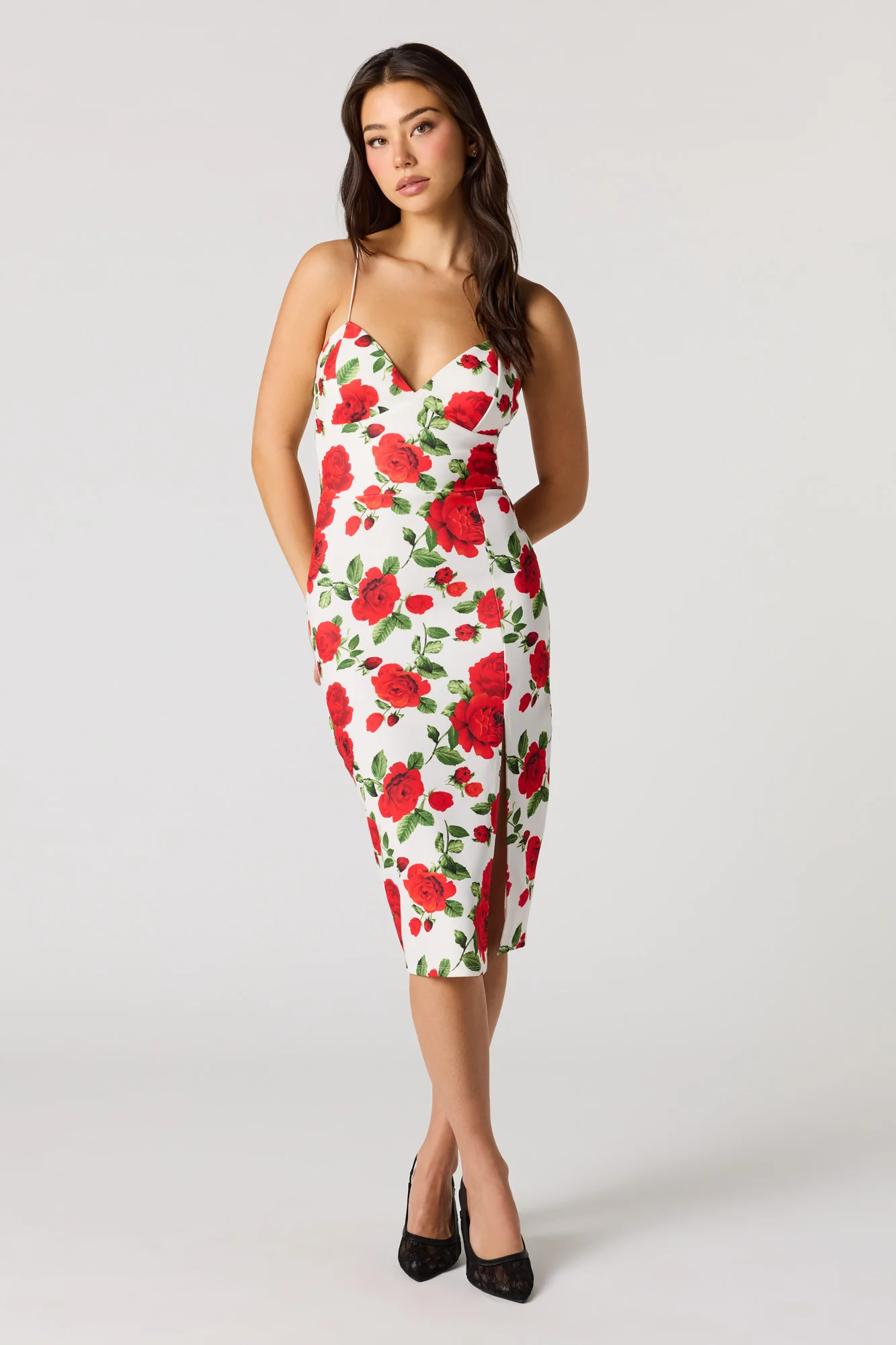 Crepe Fitted Slit Braless Midi Dress - Image 4