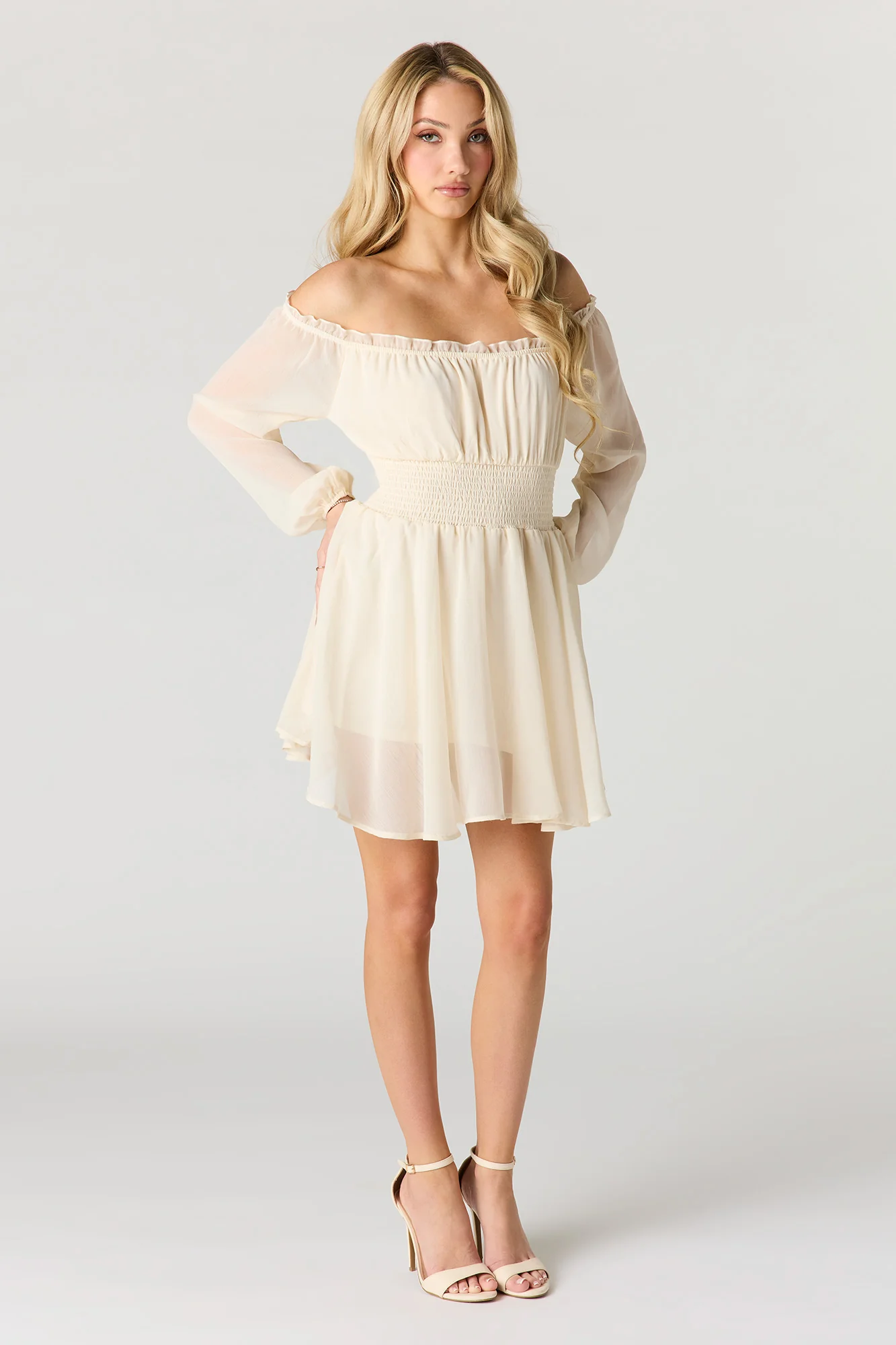 Chiffon Off Shoulder Long Sleeve Mini Dress - Image 11