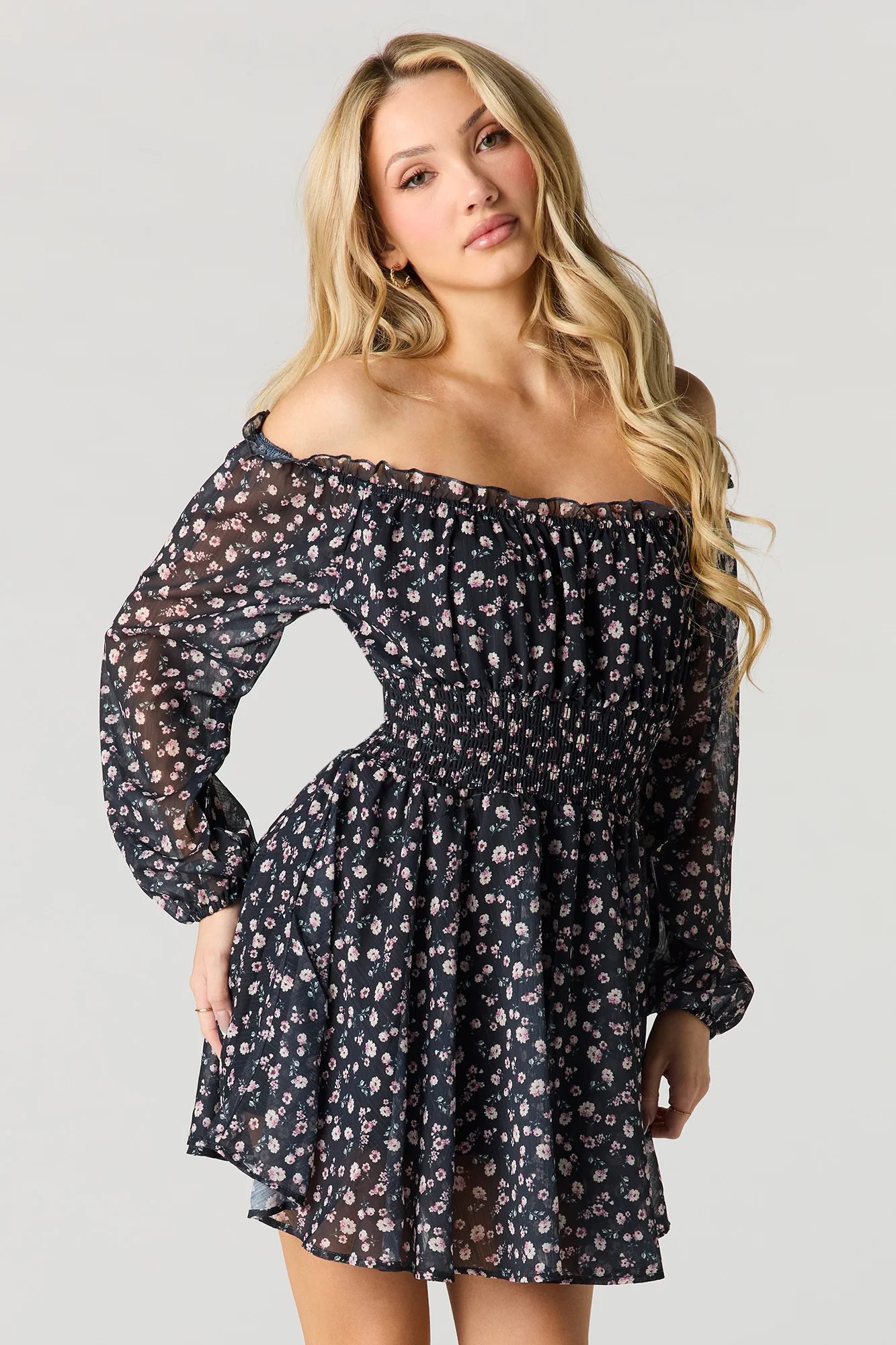 Chiffon Off Shoulder Long Sleeve Mini Dress - Image 13