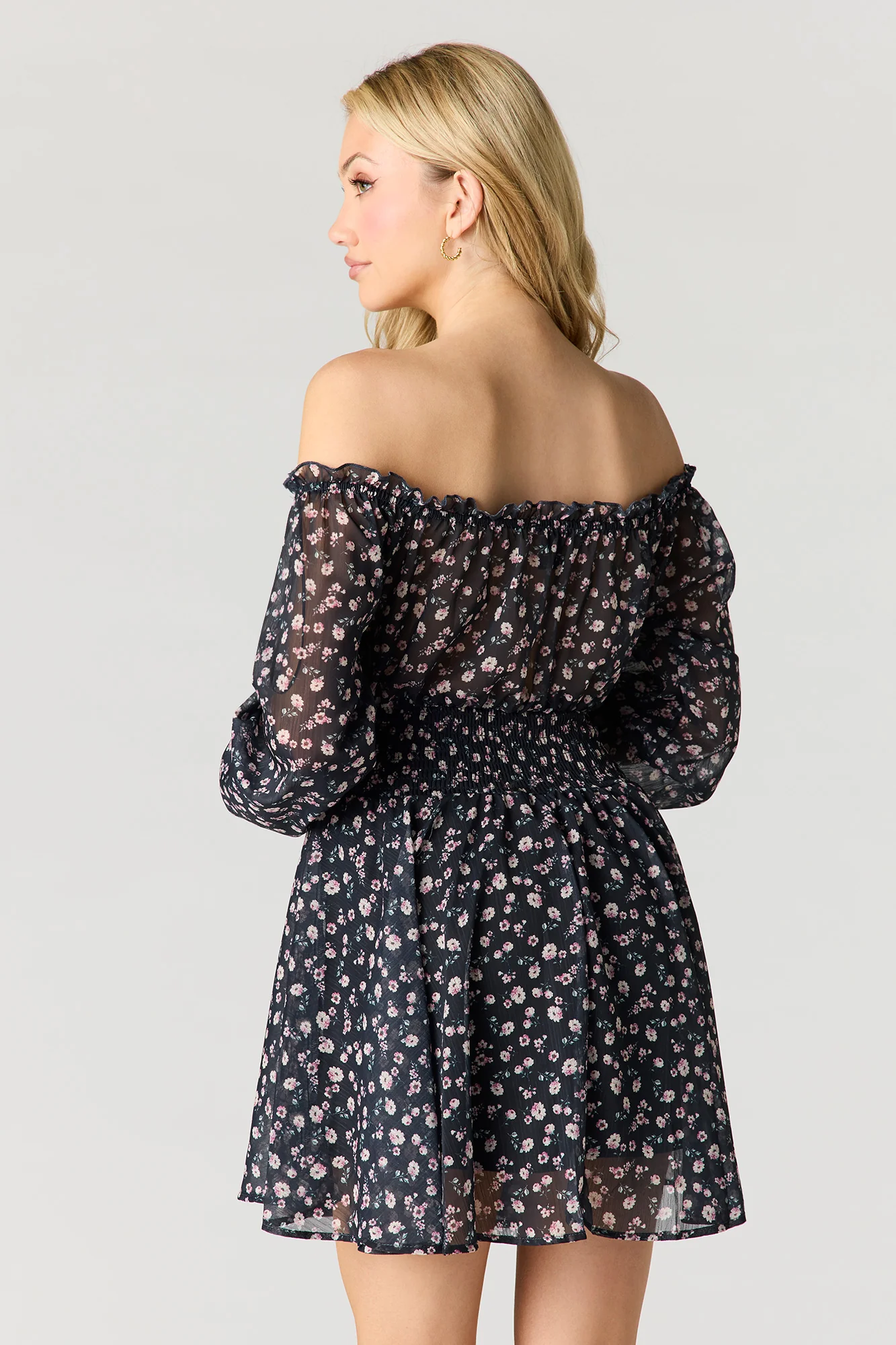 Chiffon Off Shoulder Long Sleeve Mini Dress - Image 14