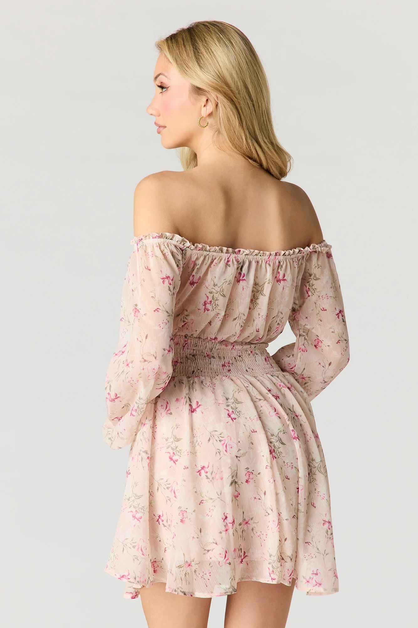 Chiffon Off Shoulder Long Sleeve Mini Dress - Image 2