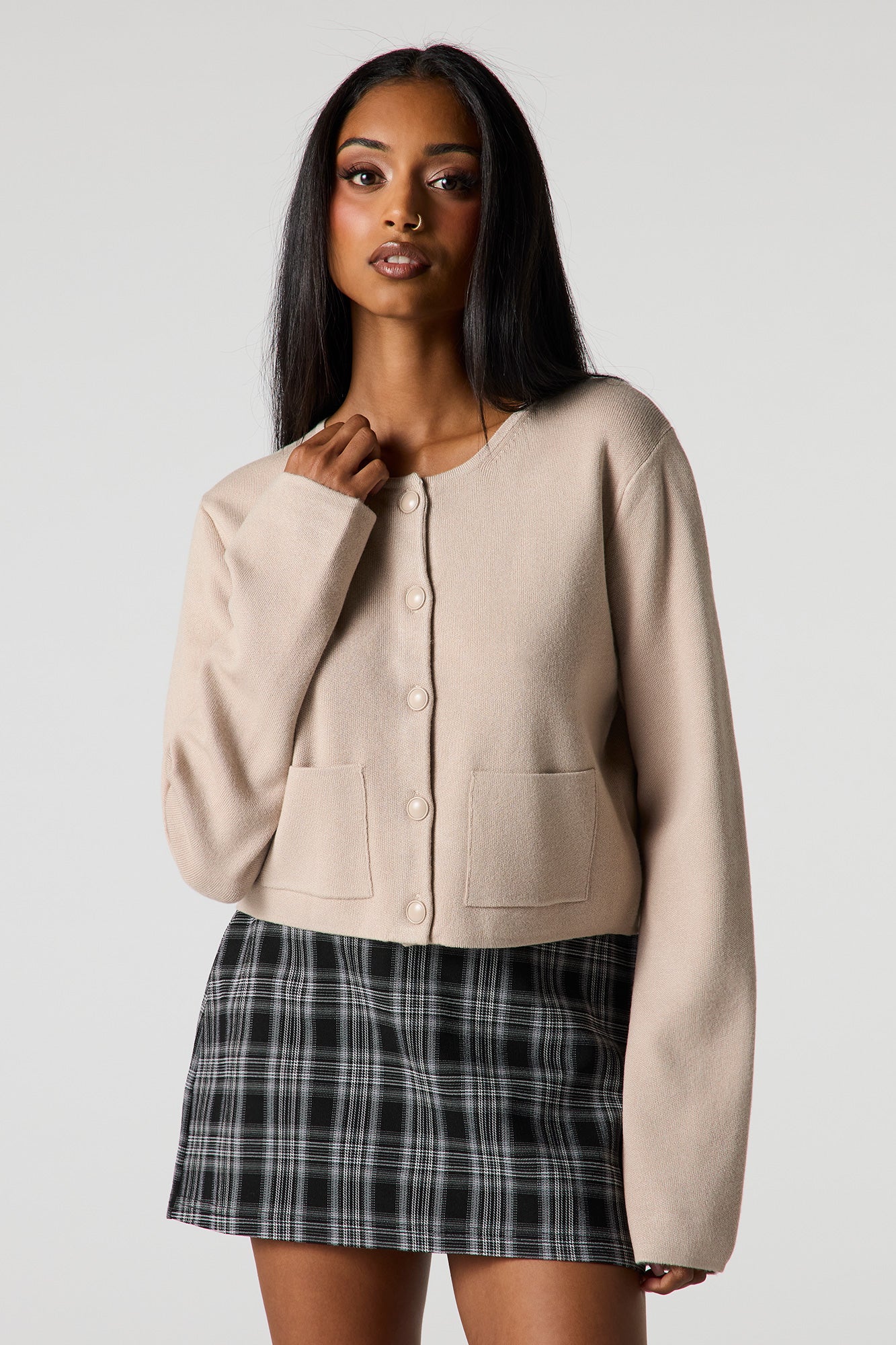 Knit Button-Up Crew Neck Cardigan