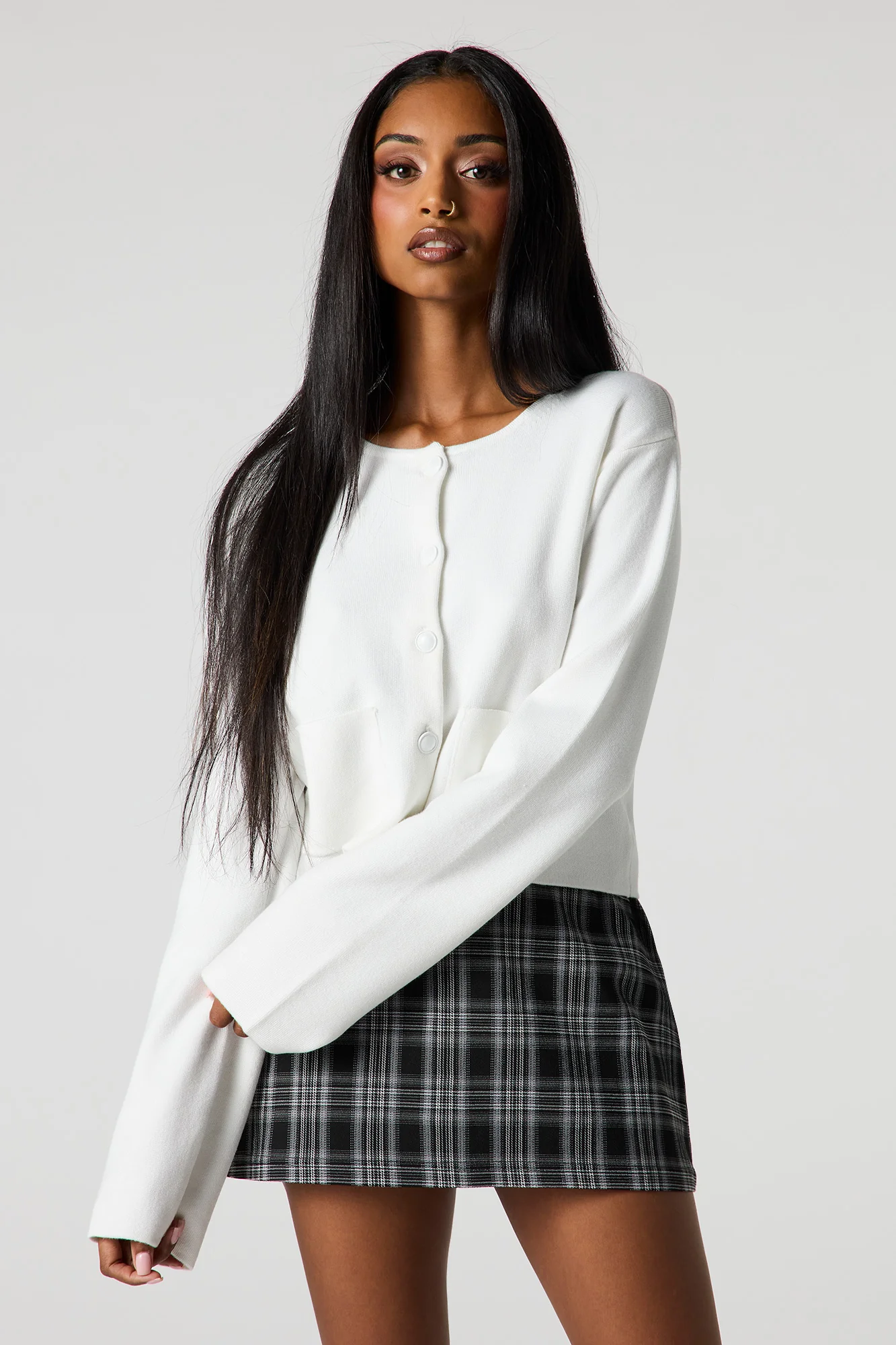 Knit Button-Up Crew Neck Cardigan - Image 7