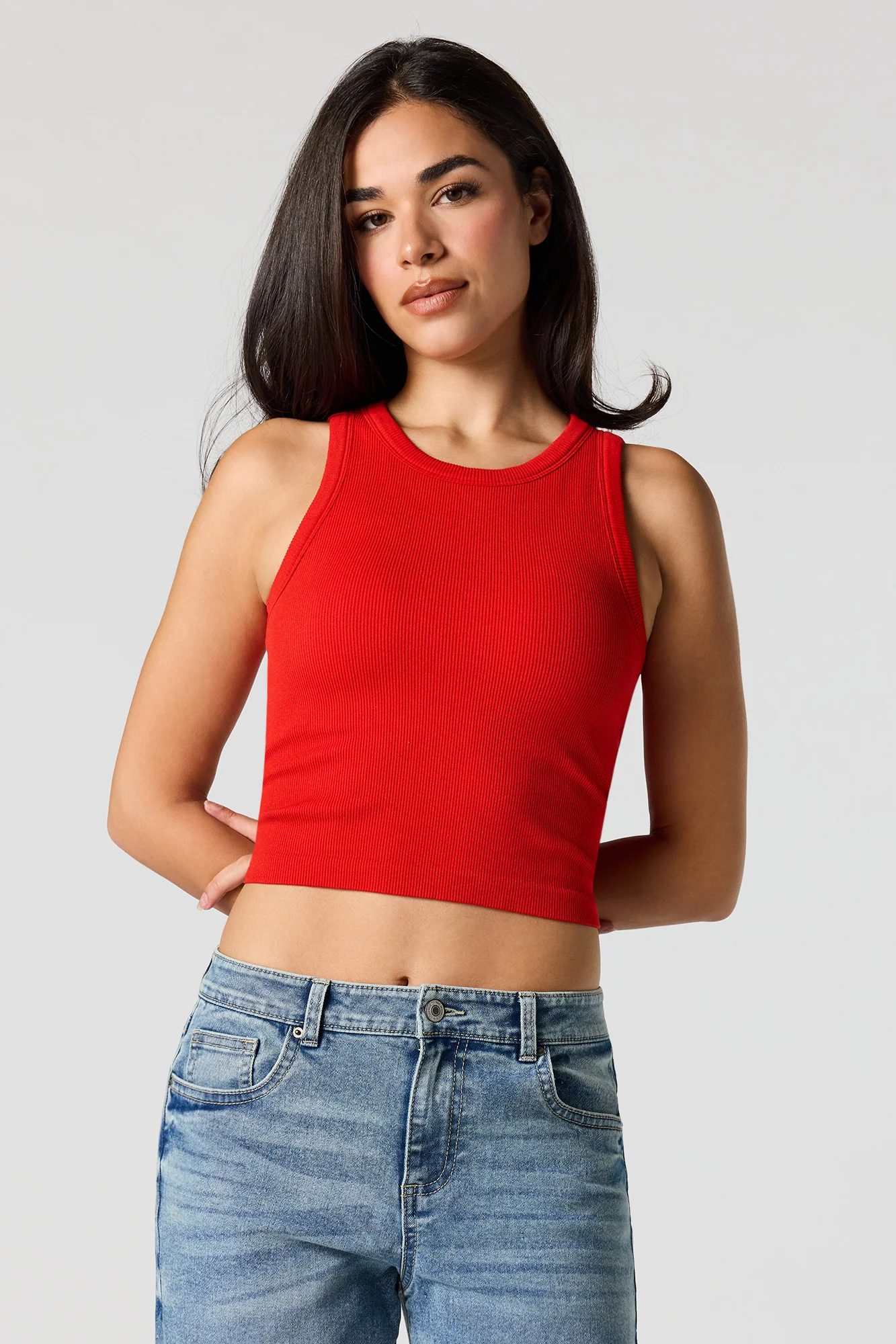 Seamless Ribbed Crew Neck Tank with Built-In Cups - Image 16