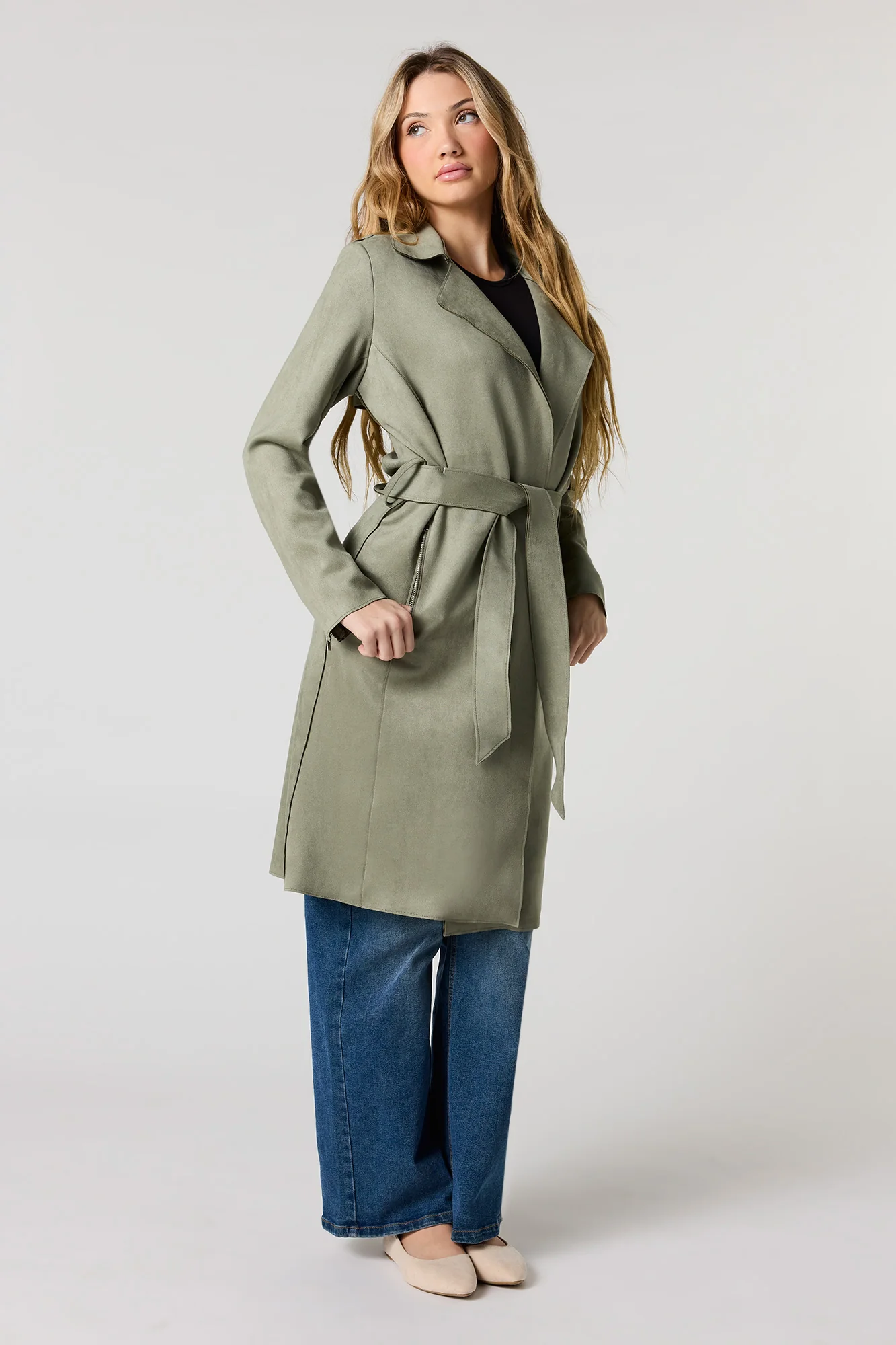 Faux Suede Trench Coat