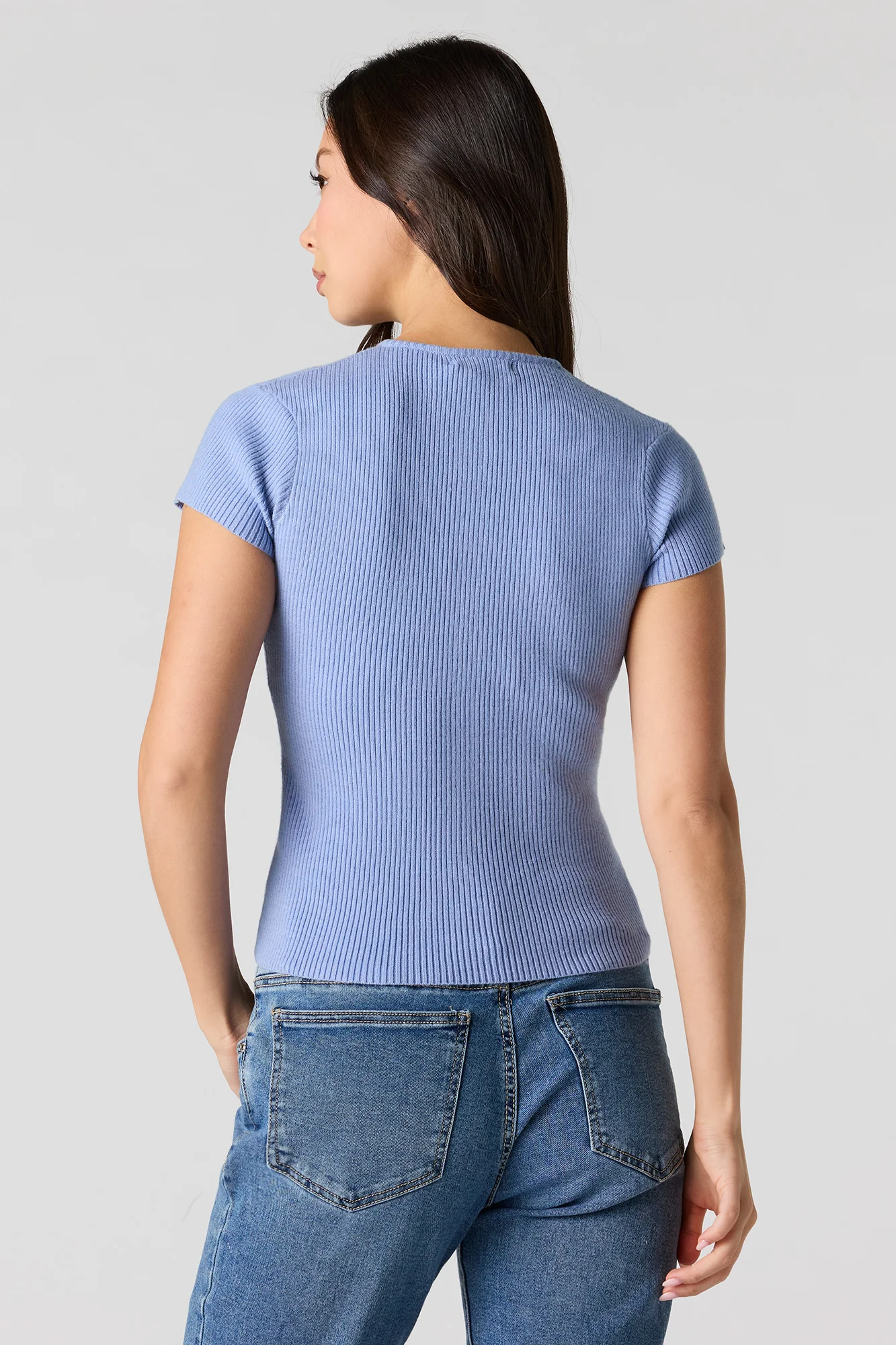 Ribbed Knit Button-Up Short Sleeve Top - Image 12