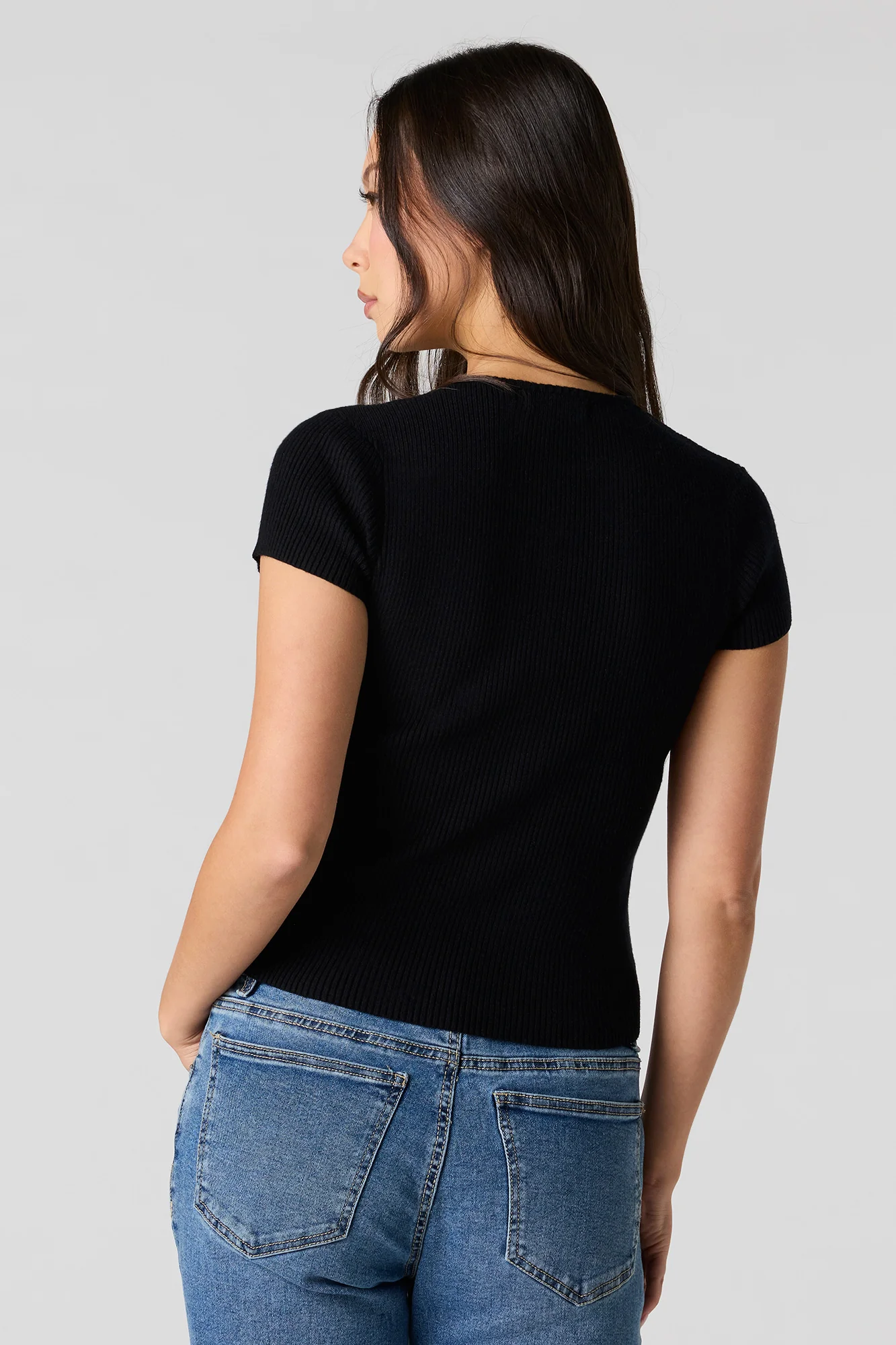 Ribbed Knit Button-Up Short Sleeve Top - Image 6