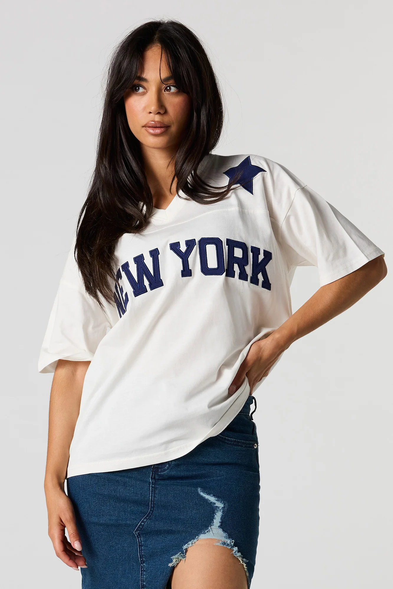 New York Twill Embroidered V-Neck T-Shirt