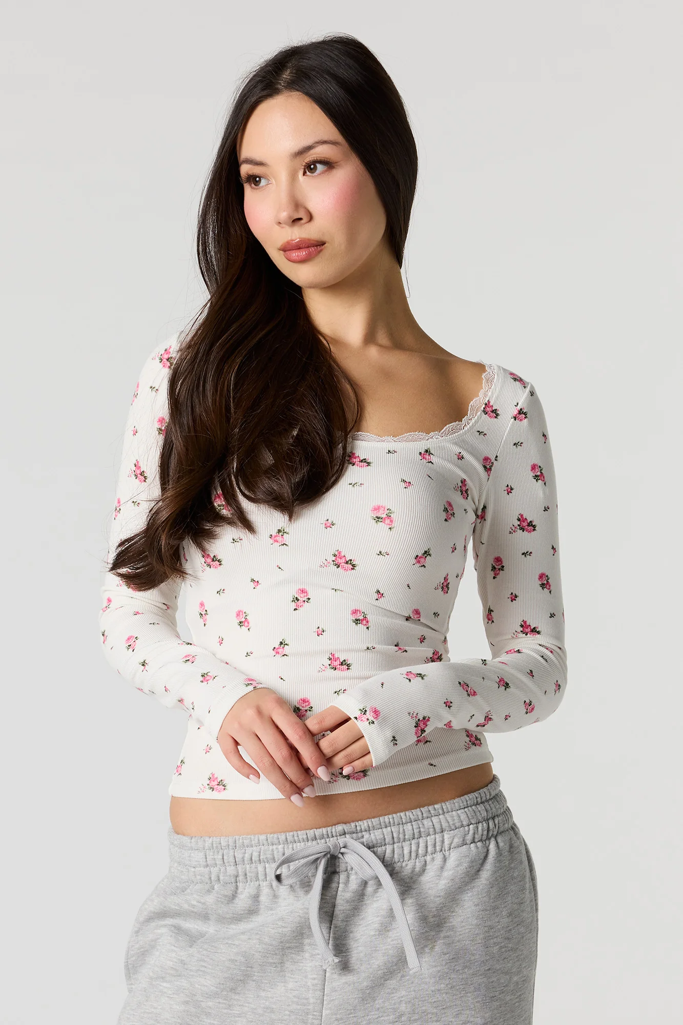 Ribbed Lace Scoop Neck Long Sleeve Top