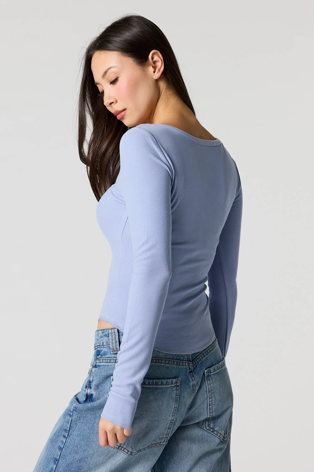 Ribbed V-Neck Henley Long Sleeve Top - Image 14