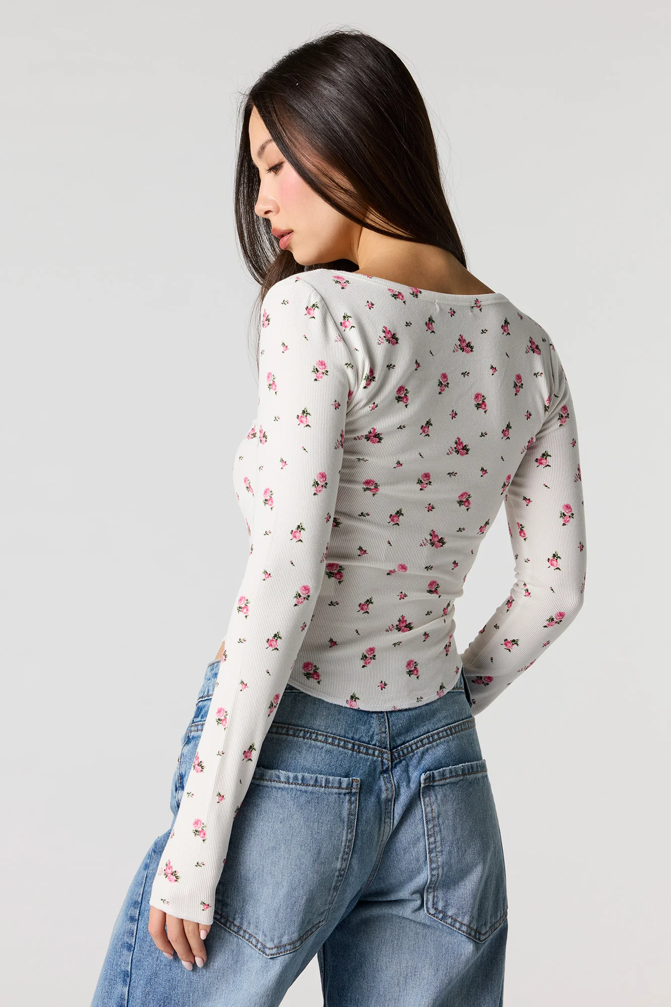 Ribbed V-Neck Henley Long Sleeve Top - Image 2