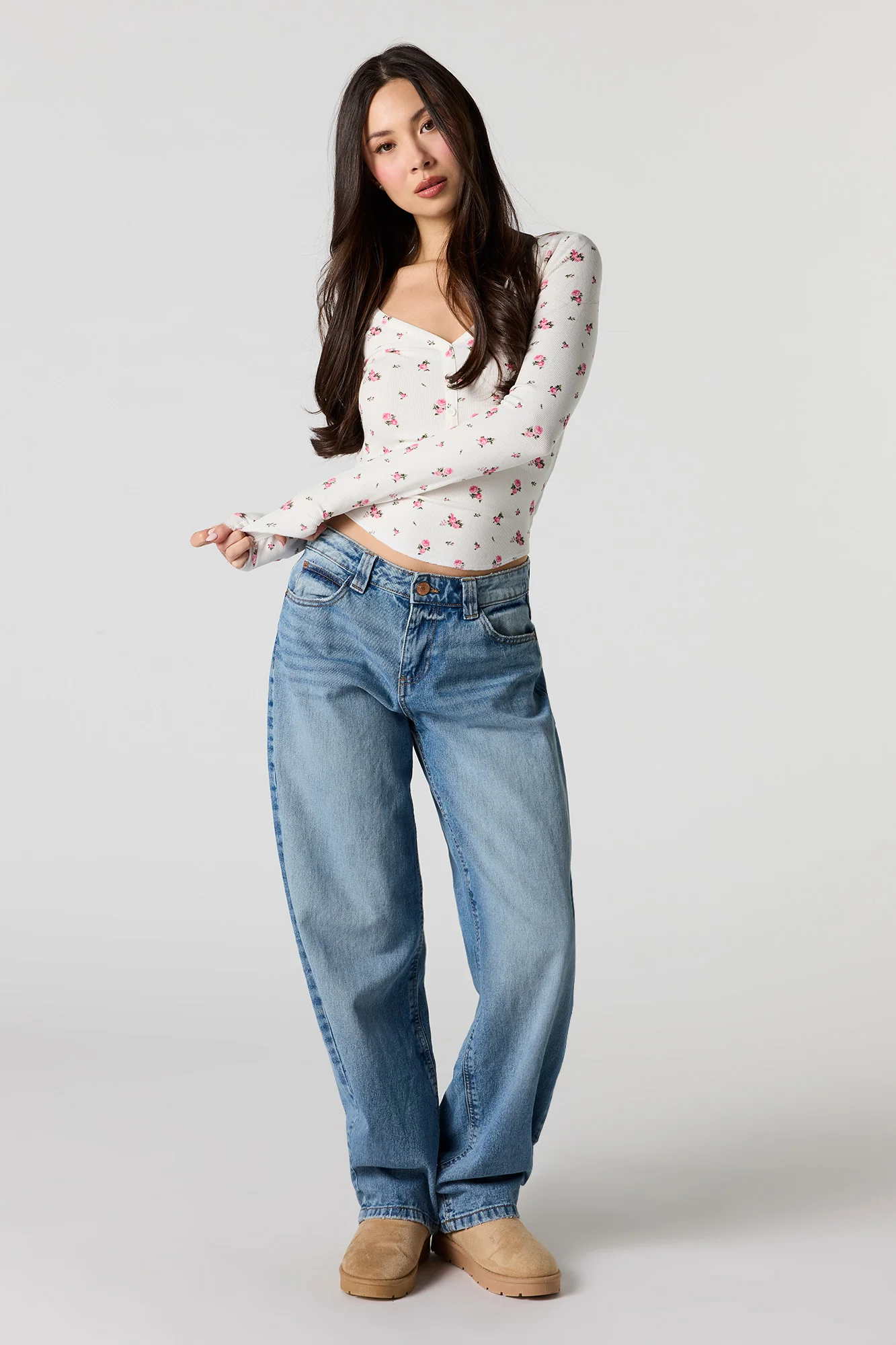 Ribbed V-Neck Henley Long Sleeve Top - Image 3
