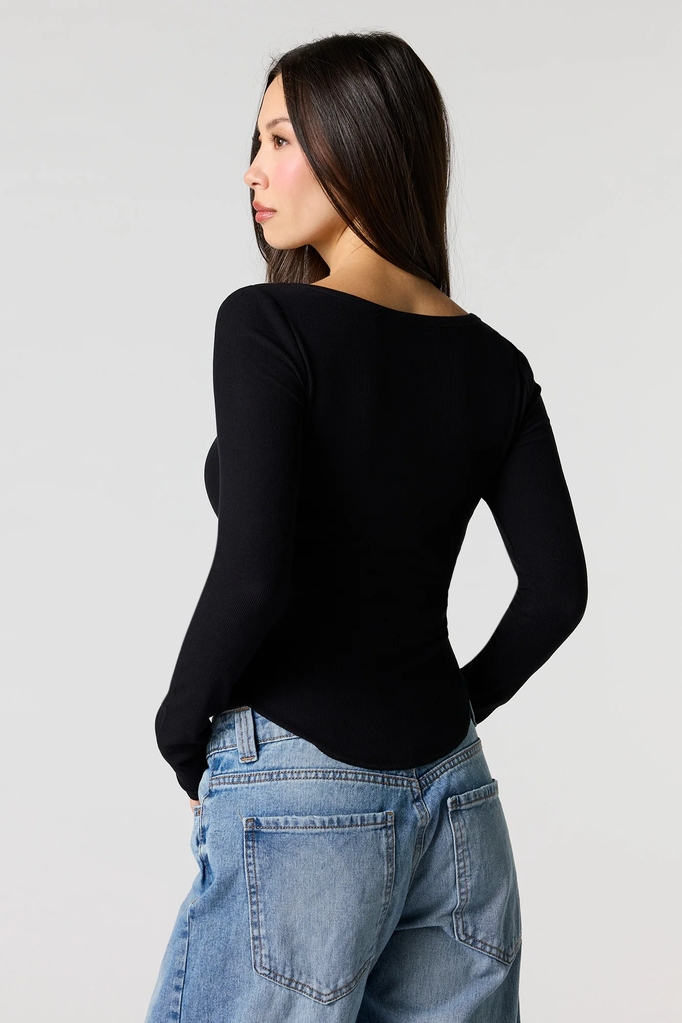 Ribbed V-Neck Henley Long Sleeve Top - Image 5