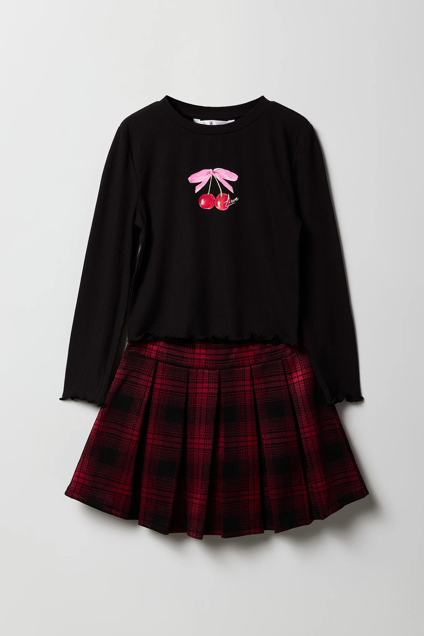 Girls Graphic Long Sleeve Top & Plaid Skort Set - Image 6