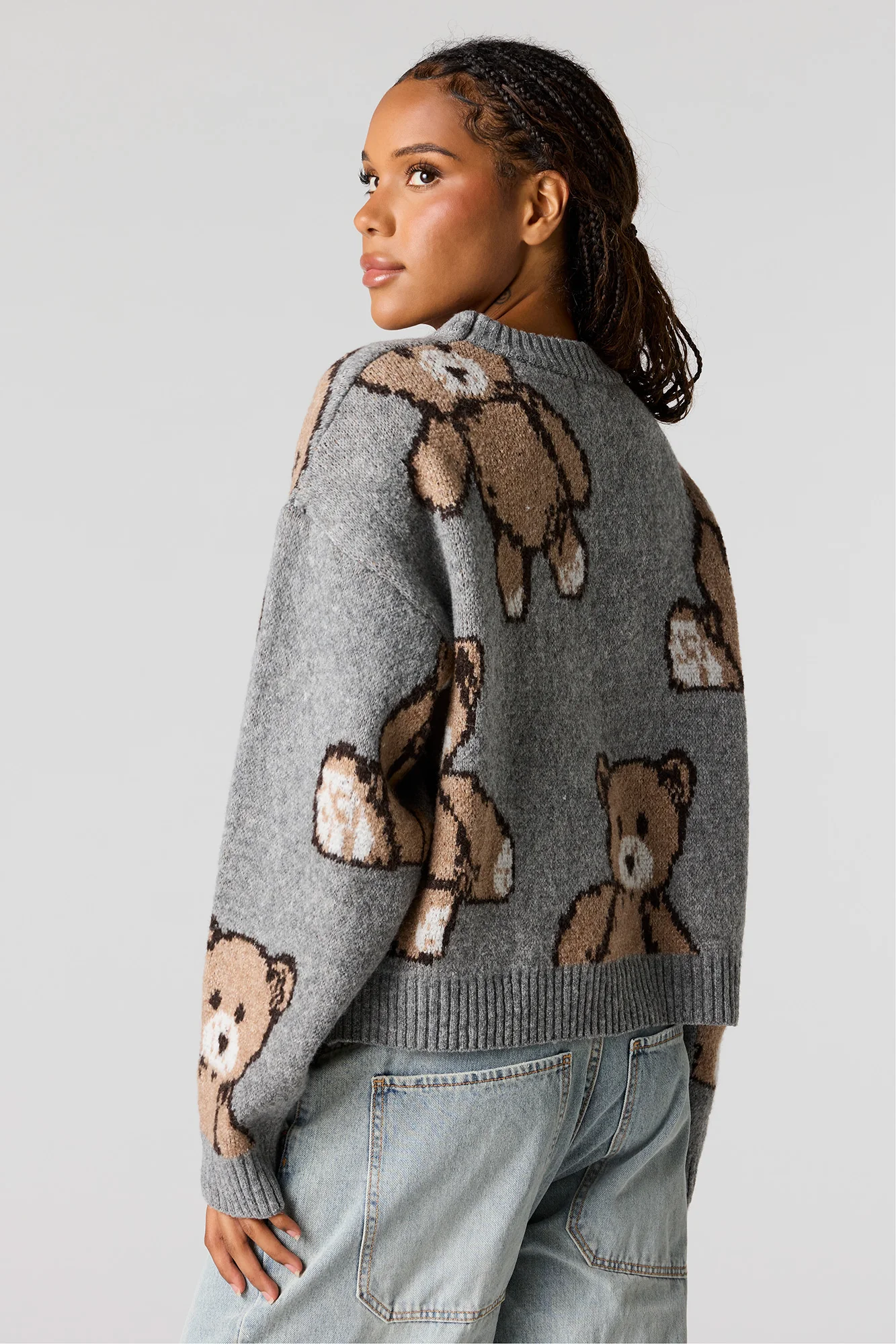 Teddy Bear Jacquard Knit Cropped Sweater - Image 2