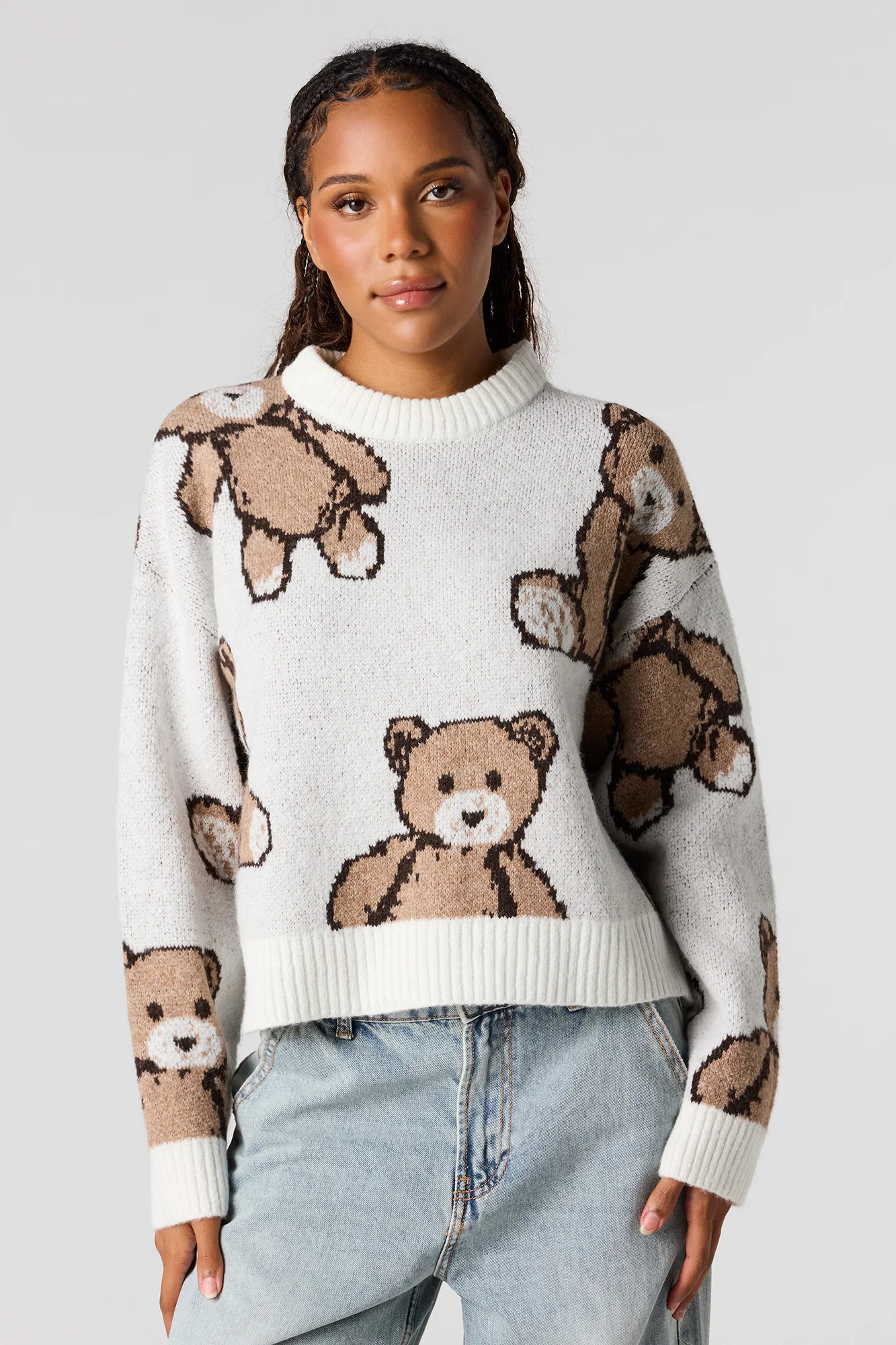 Teddy Bear Jacquard Knit Cropped Sweater - Image 4