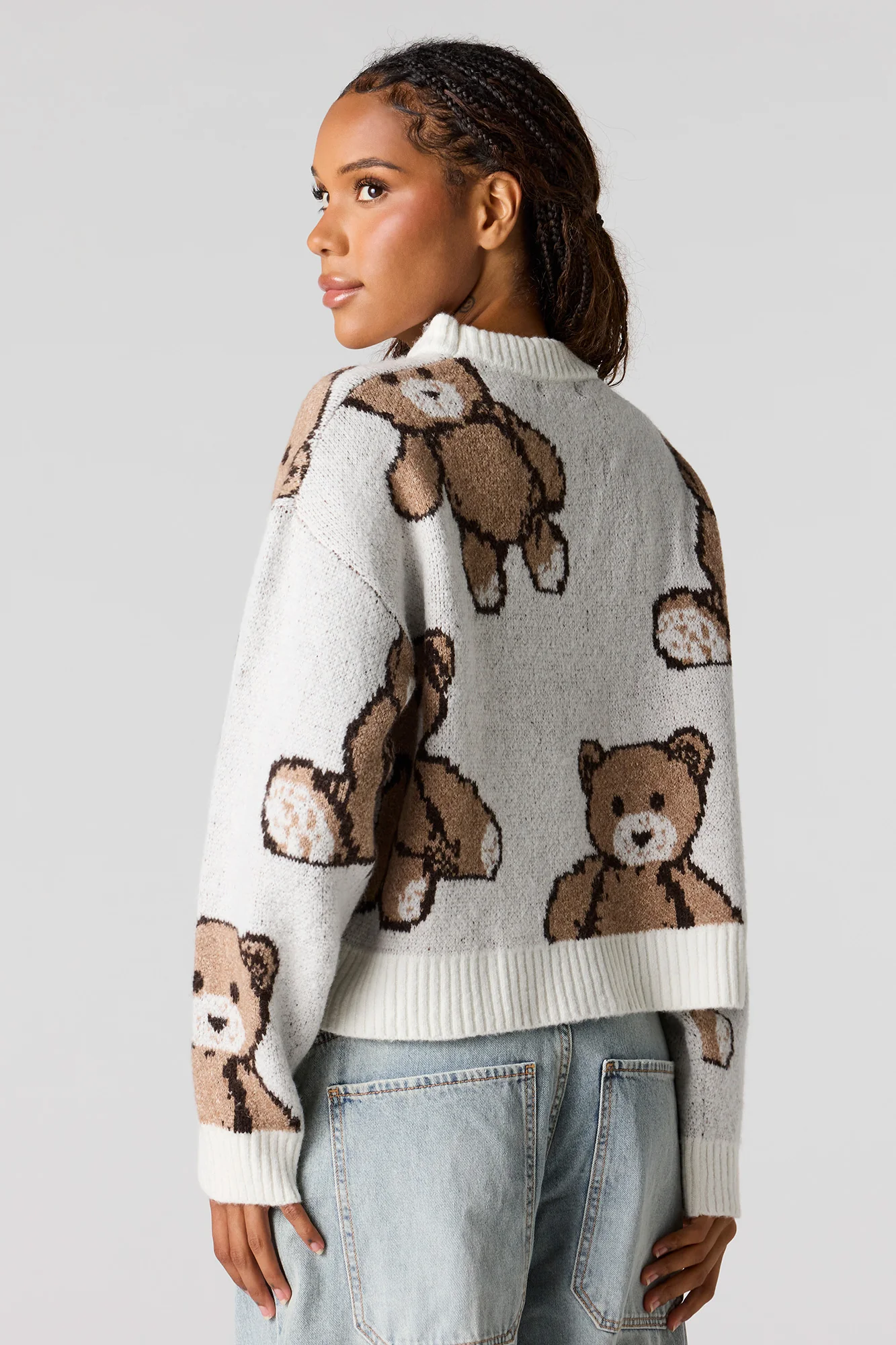 Teddy Bear Jacquard Knit Cropped Sweater - Image 5