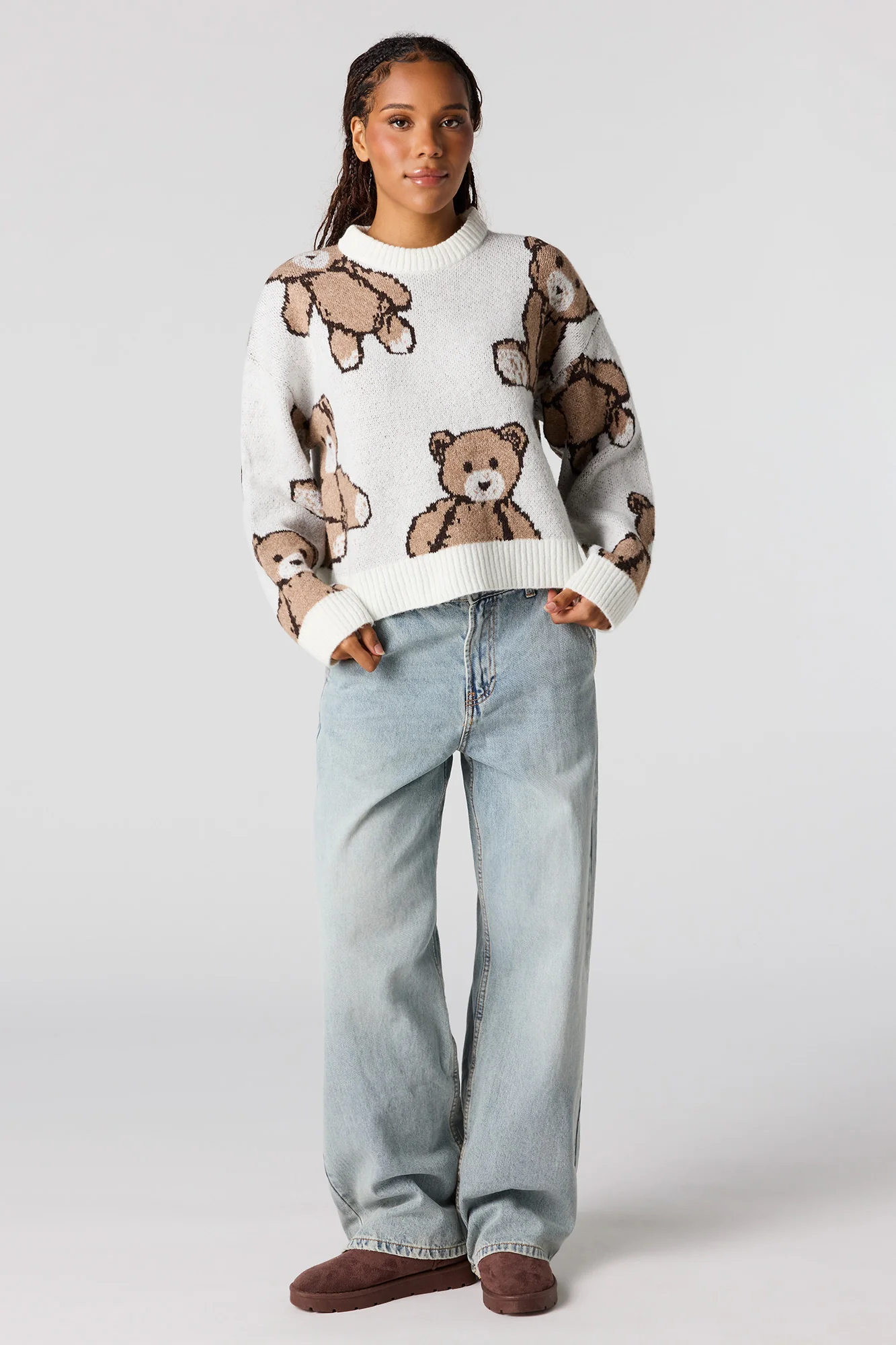 Teddy Bear Jacquard Knit Cropped Sweater - Image 6