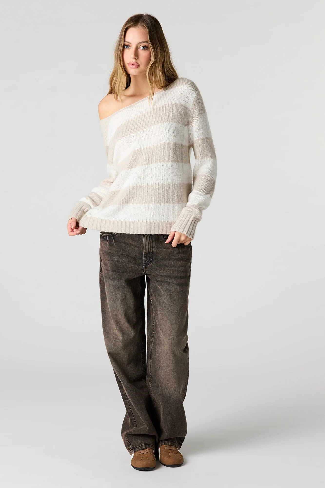 Striped Mossy Knit Off Shoulder Sweater - Image 3