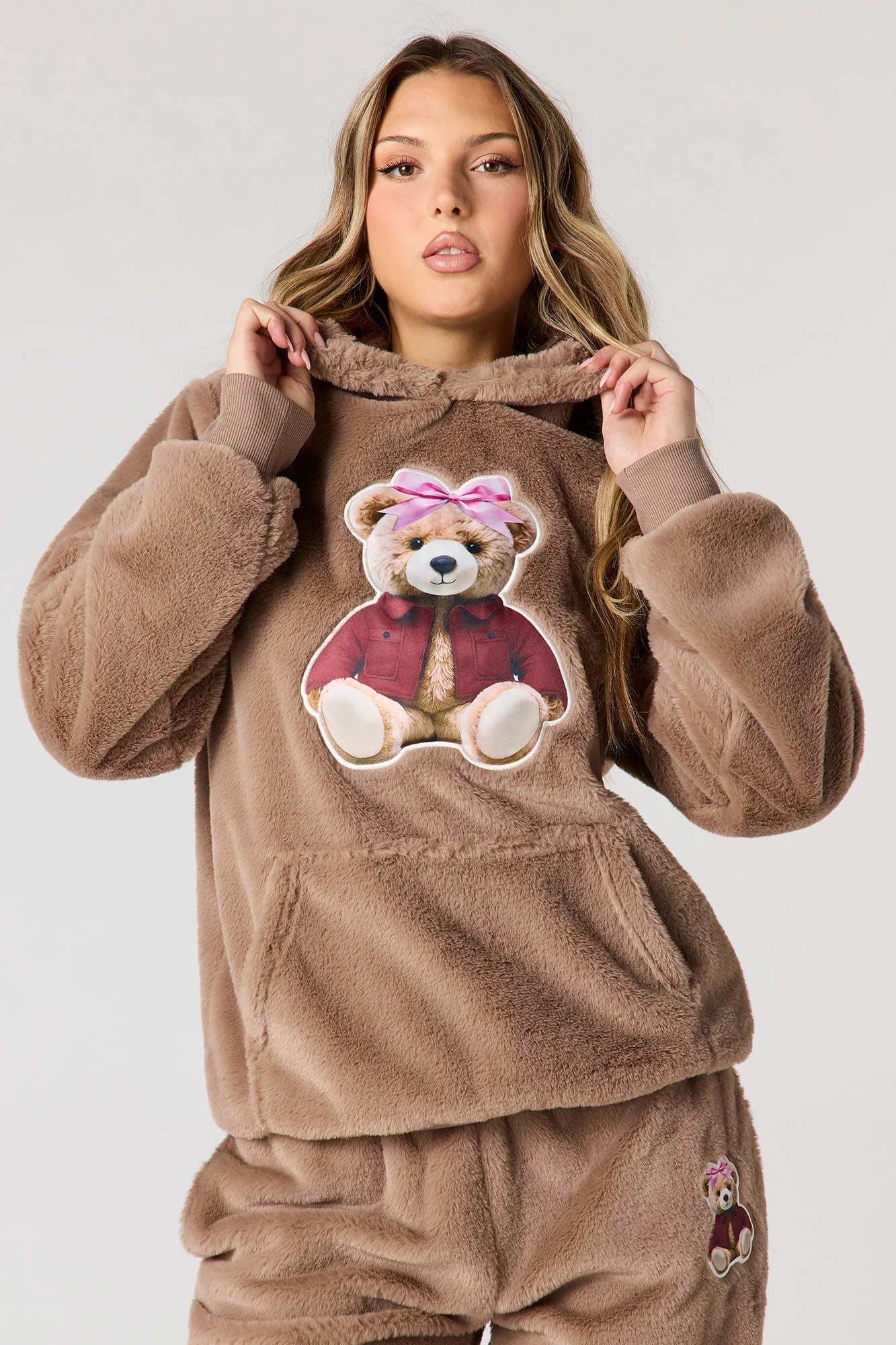 Embroidered Oversized Faux Fur Hoodie