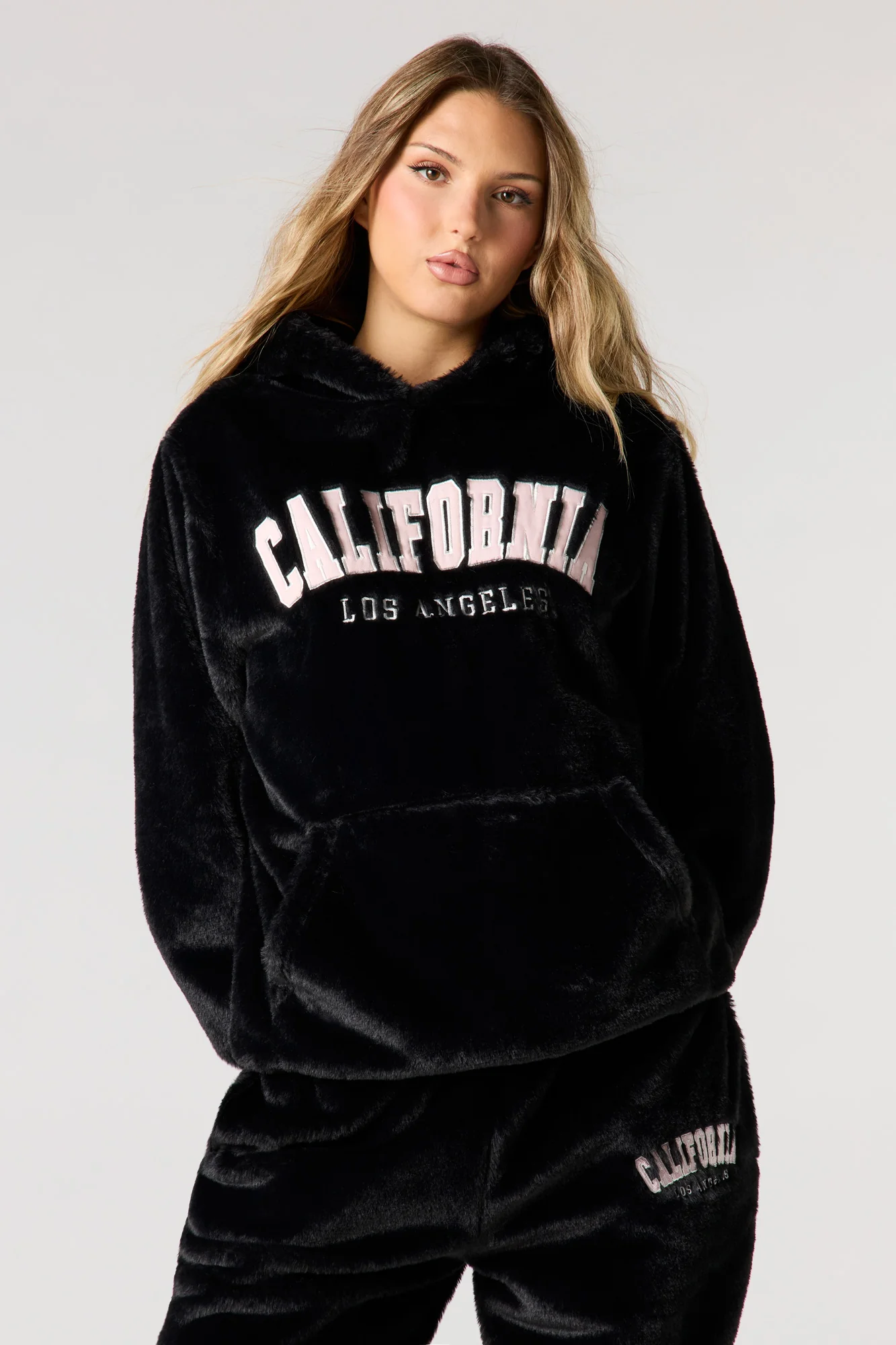 Embroidered Oversized Faux Fur Hoodie - Image 4